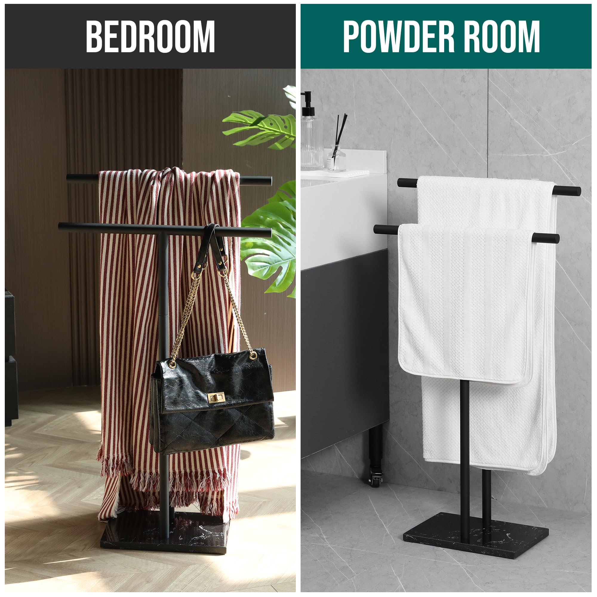 Wisato - Free Standing Towel Rack For Bathroom - Matte Black Finish - Stand Alone 2 Tier Stainless Steel Towel Rack For Bathroom