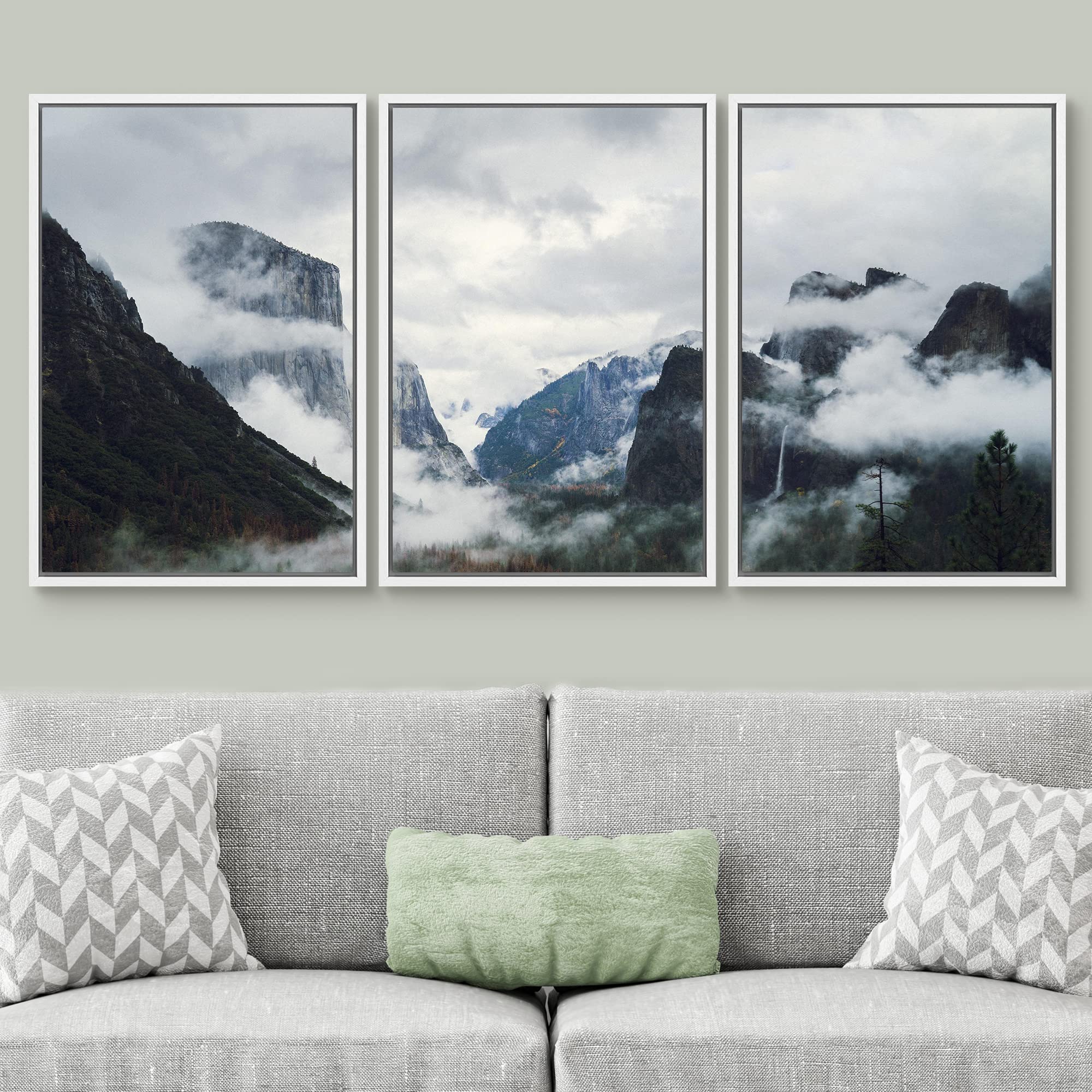 SIGNWIN 3 Piece Framed Canvas Wall Art Foggy Mountains Canvas Prints Home Artwork Decoration for Living Room Bedroom - 24''x36''x3 White