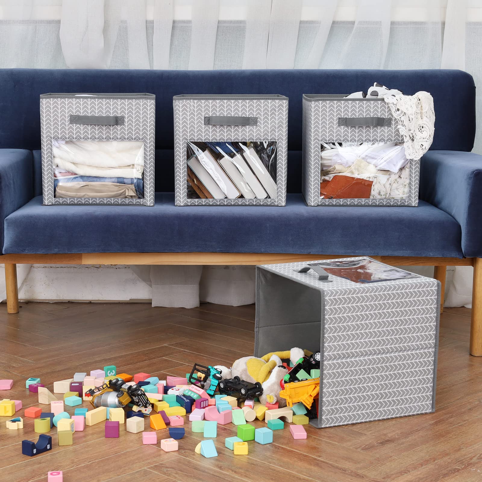 Domeraax Cube Storage Bin 4 Pack With Clear Window Large Boxes Basket With Handles Fabric Closet Organizer 13'' X 13'' X 13'' He