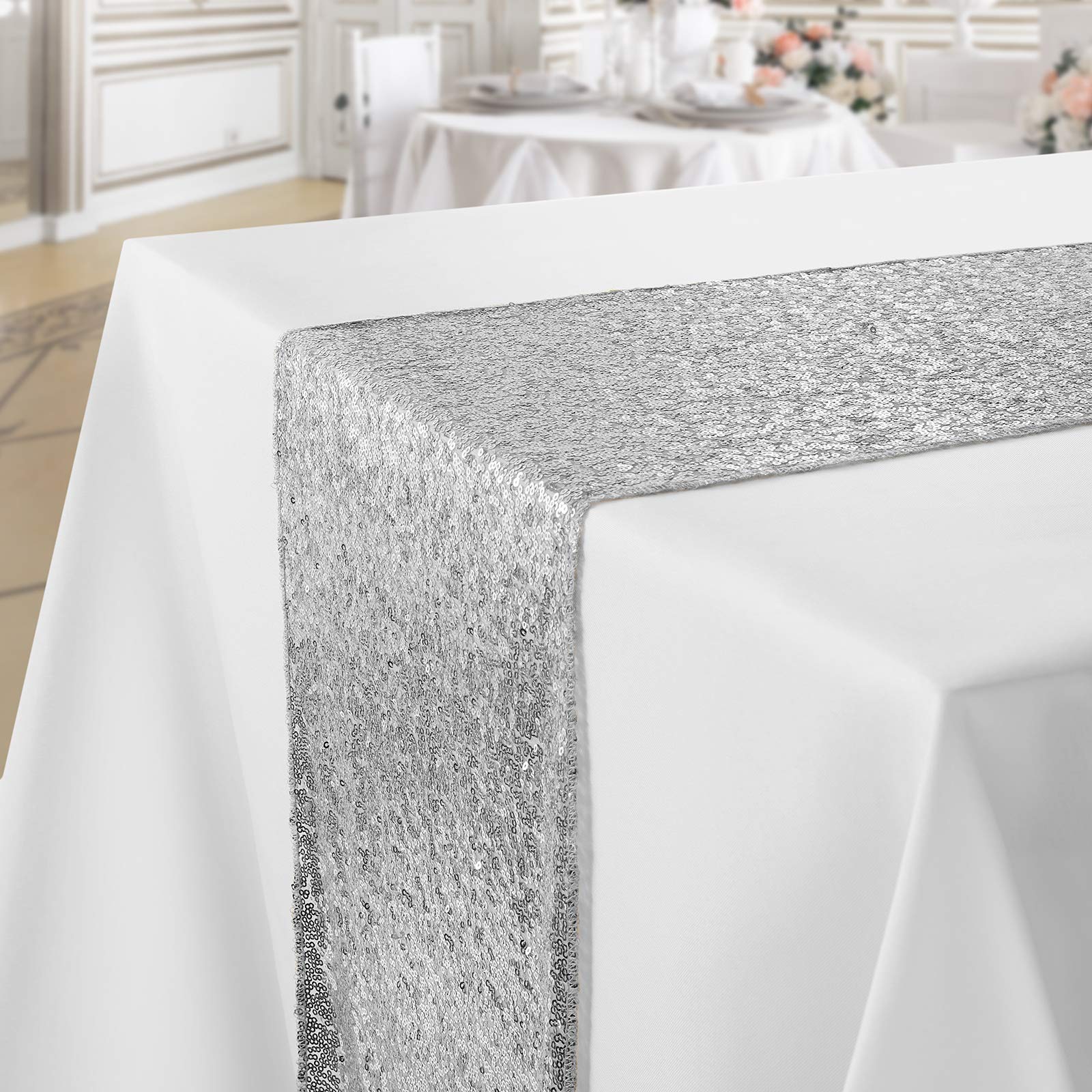 Lann'S Linens 12'' X 108'' Silver Sequin Tablecloth Overlay, Sparkly Square Table Cloth For Wedding, Party, Banquet