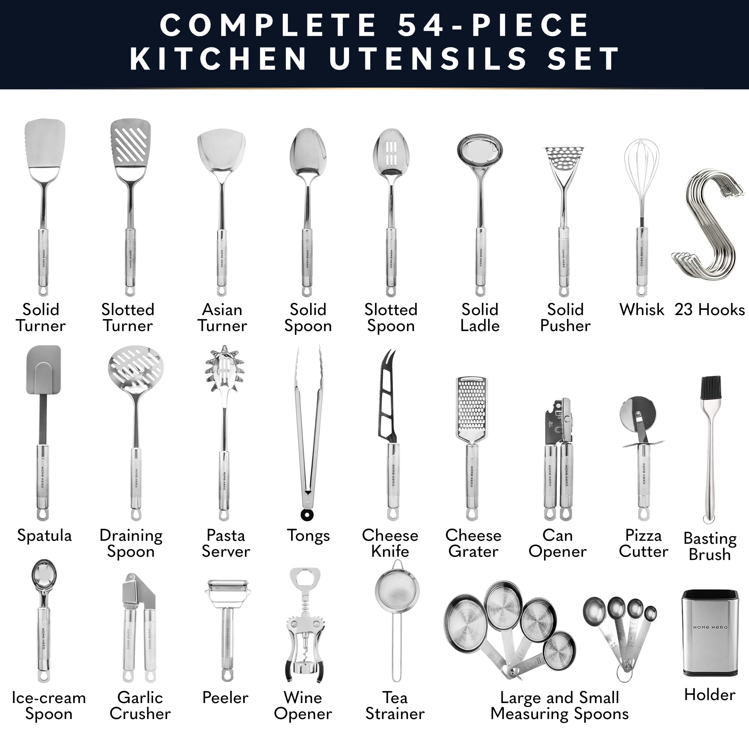 Home Hero 54 Pcs Stainless Steel Kitchen Utensils Set - Nonstick Stainless Steel Cooking Utensils Set - Heat Resistant Kitchen E