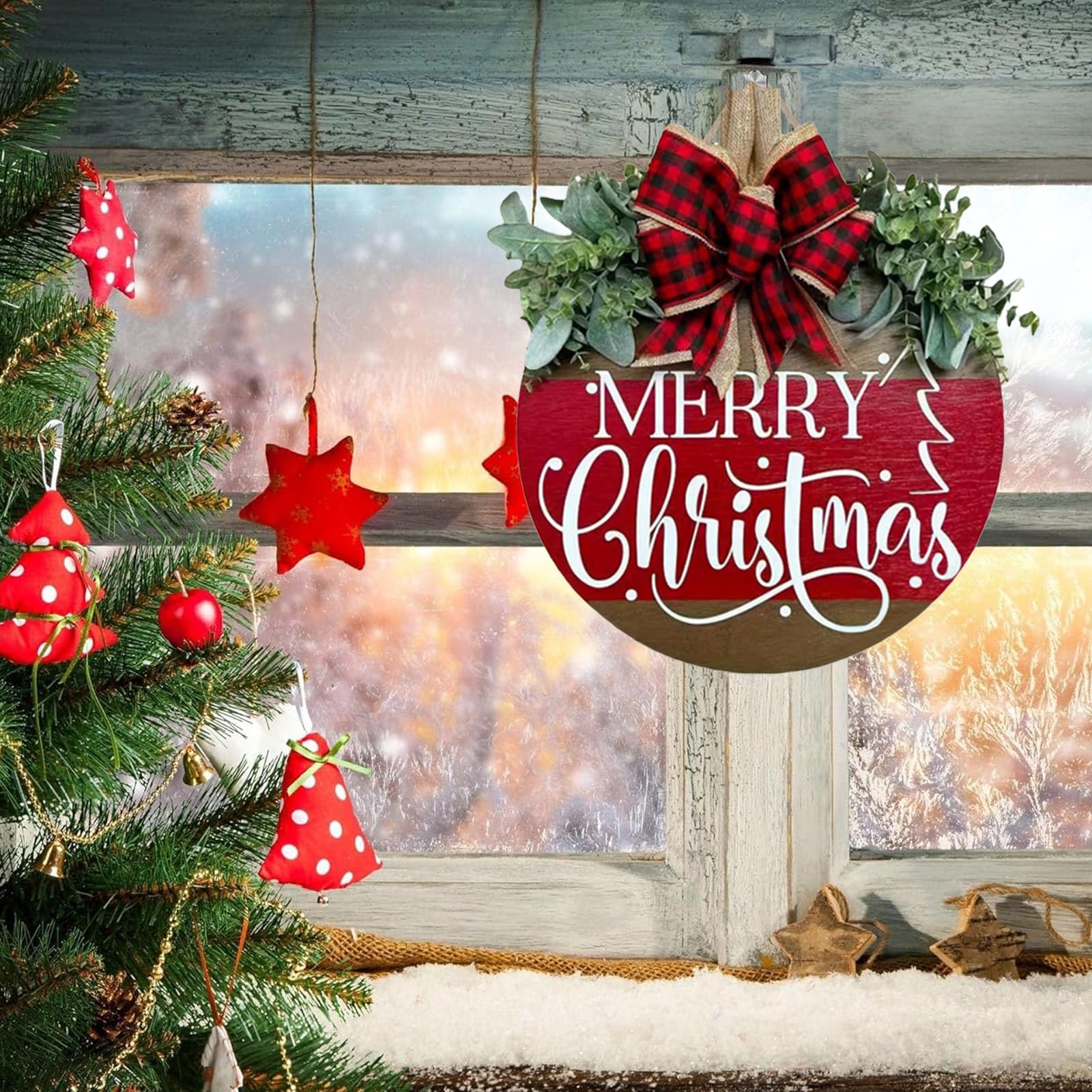 Merry Christmas Wreath Hanging Sign for Front Door, Wooden Welcome Wreaths Sign with Bow for Holiday Rustic Farmhouse Outdoor Wa