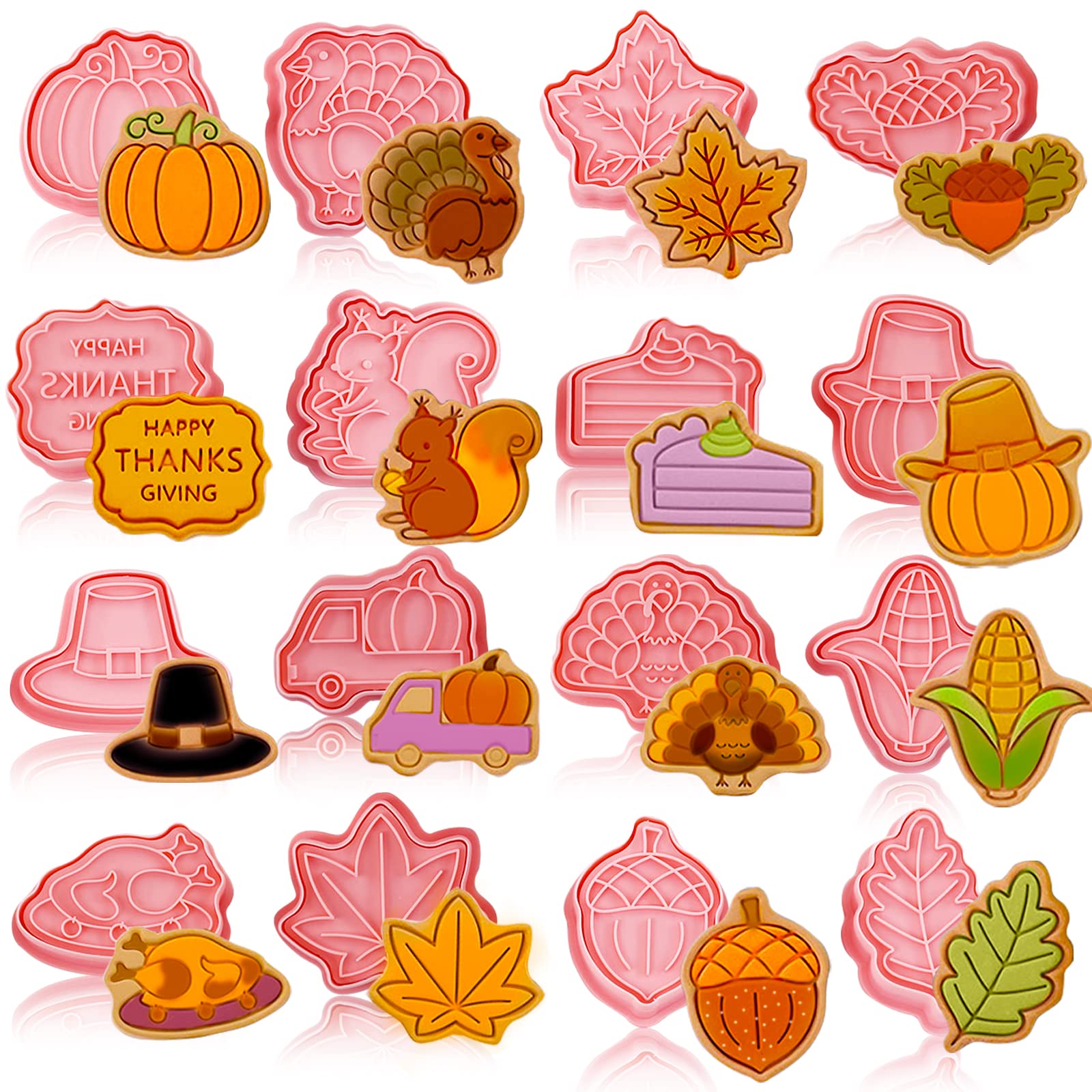 16 Pieces Fall Thanksgiving Cookie Cutters with Plunger Stamps Set Fall Biscuit Mold Maple Leaf Turkey Pumpkin 3D Cookie Stamper