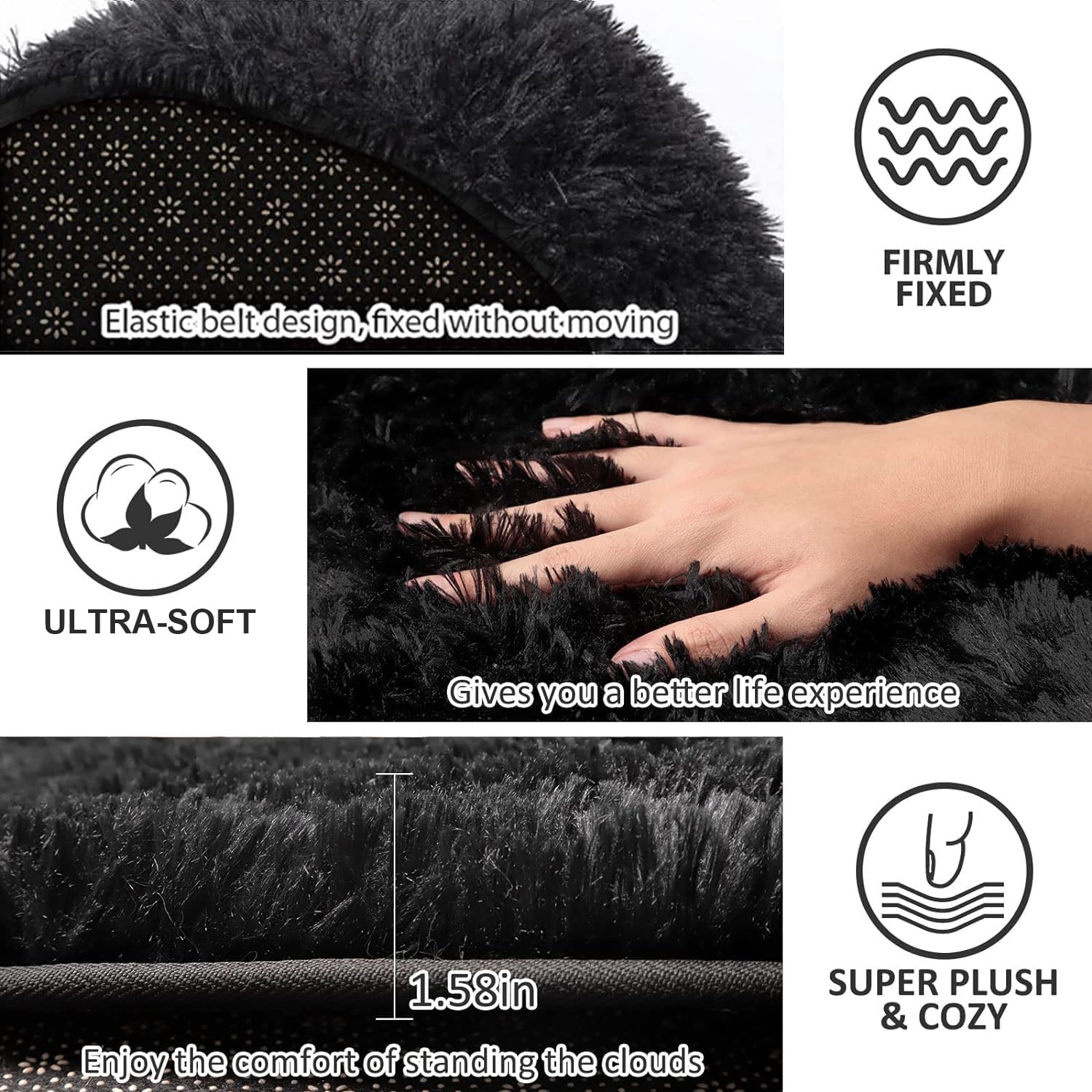 3 Piece Thicken 0.4'' Bath Rugs Set  Bath Rug + Contour Mat + Toilet Seat Cover  Super Long Soft Microfiber Water Absorbent & Non-Slip Bathroom Rugs with PVC Point Rubber Backing (Black)