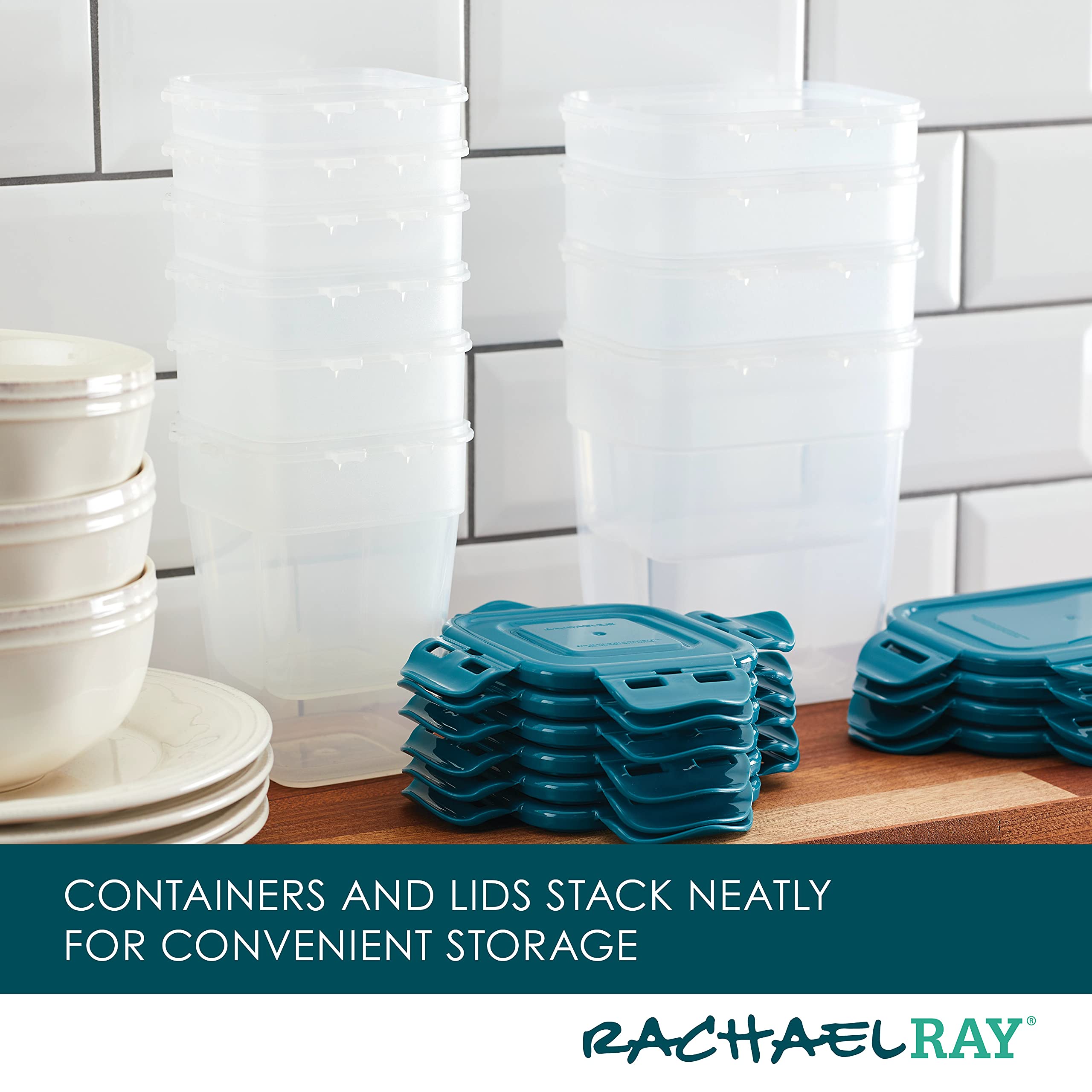 Rachael Ray Leak-Proof Stacking Container Food Storage Bin Set, 20-Piece, Clear With Teal Lids