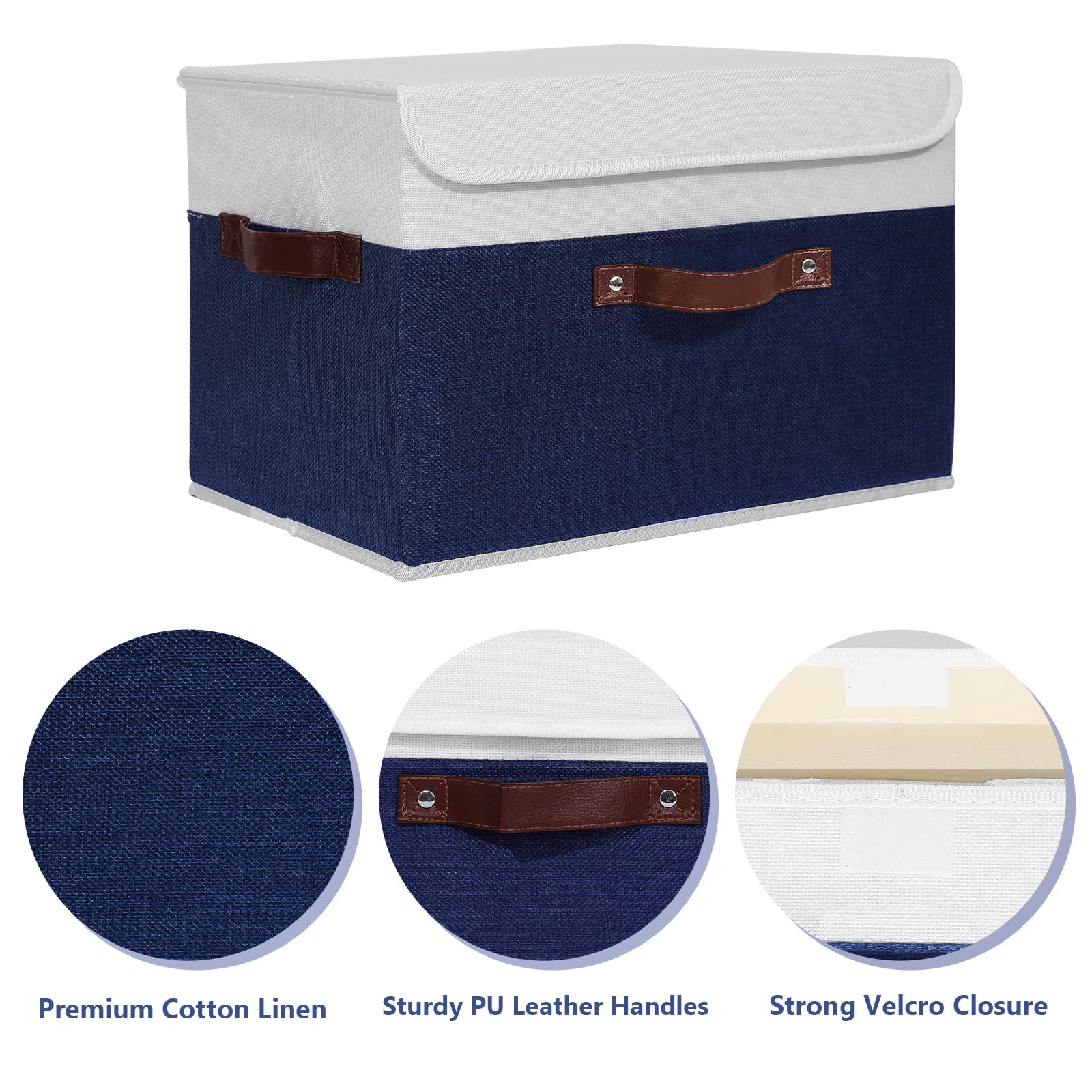 Anminy 2Pcs Storage Boxes With Lid Washable Decorative Storage Bin Basket With Pu Leather Handle Foldable Linen Fabric Storage C
