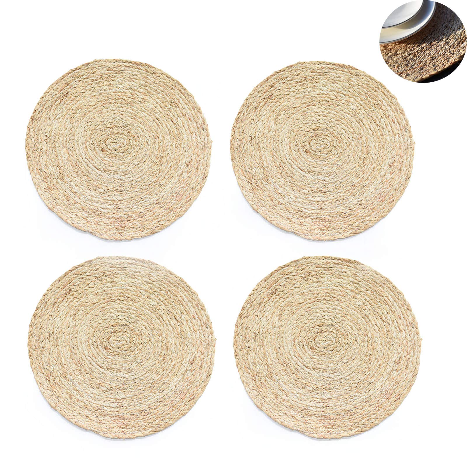 Homefsn Round Braided Placemats Set Of 4, 100% Corn Bran Handmade 13.5 Inches Table Mats For Dining Tables, Wedding, Parties, Bb