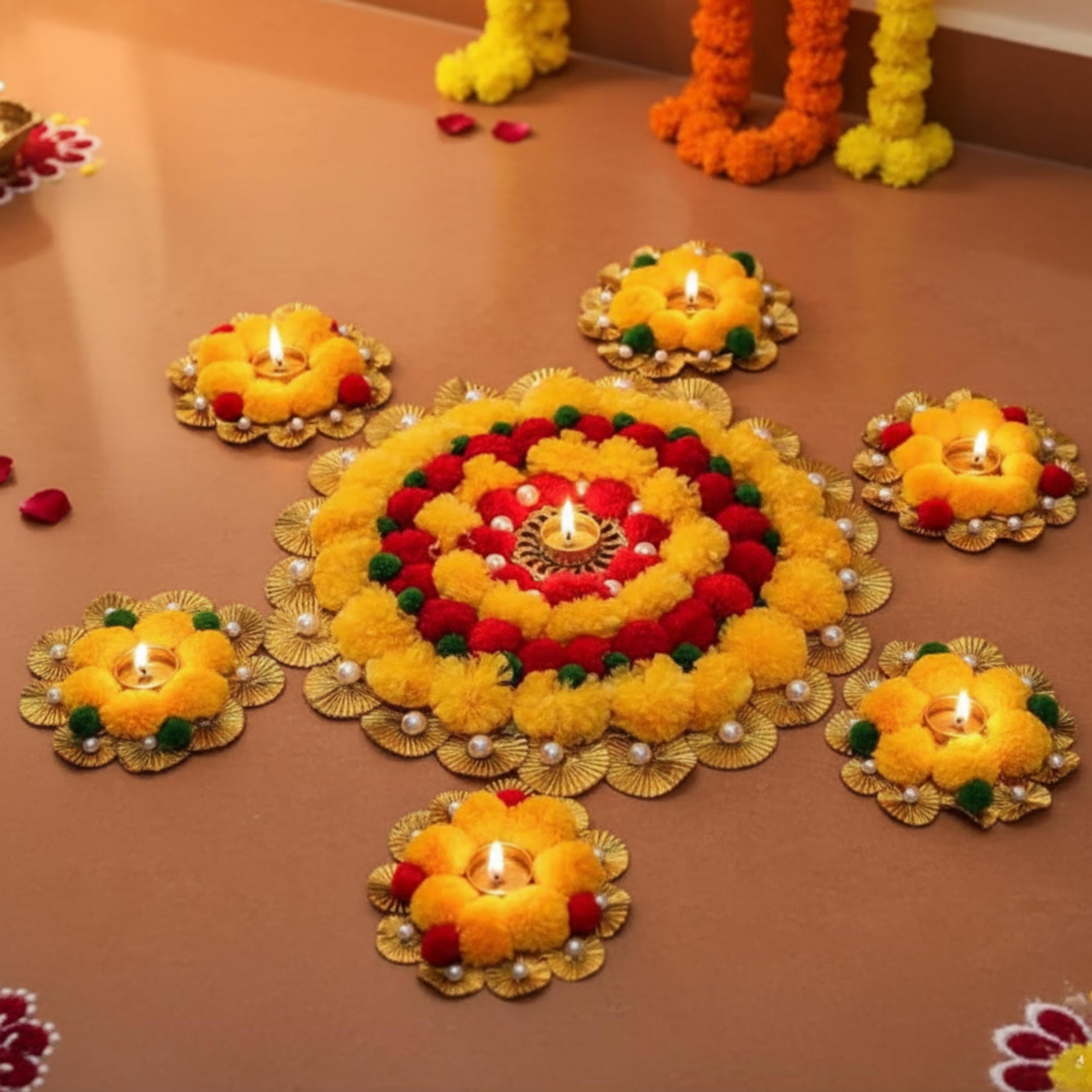 Craftvatika Diwali Decoration Items, Artificial Marigold Garlands Decoration Mate For Home Floor Decorations,Rangoli Mats For Fl