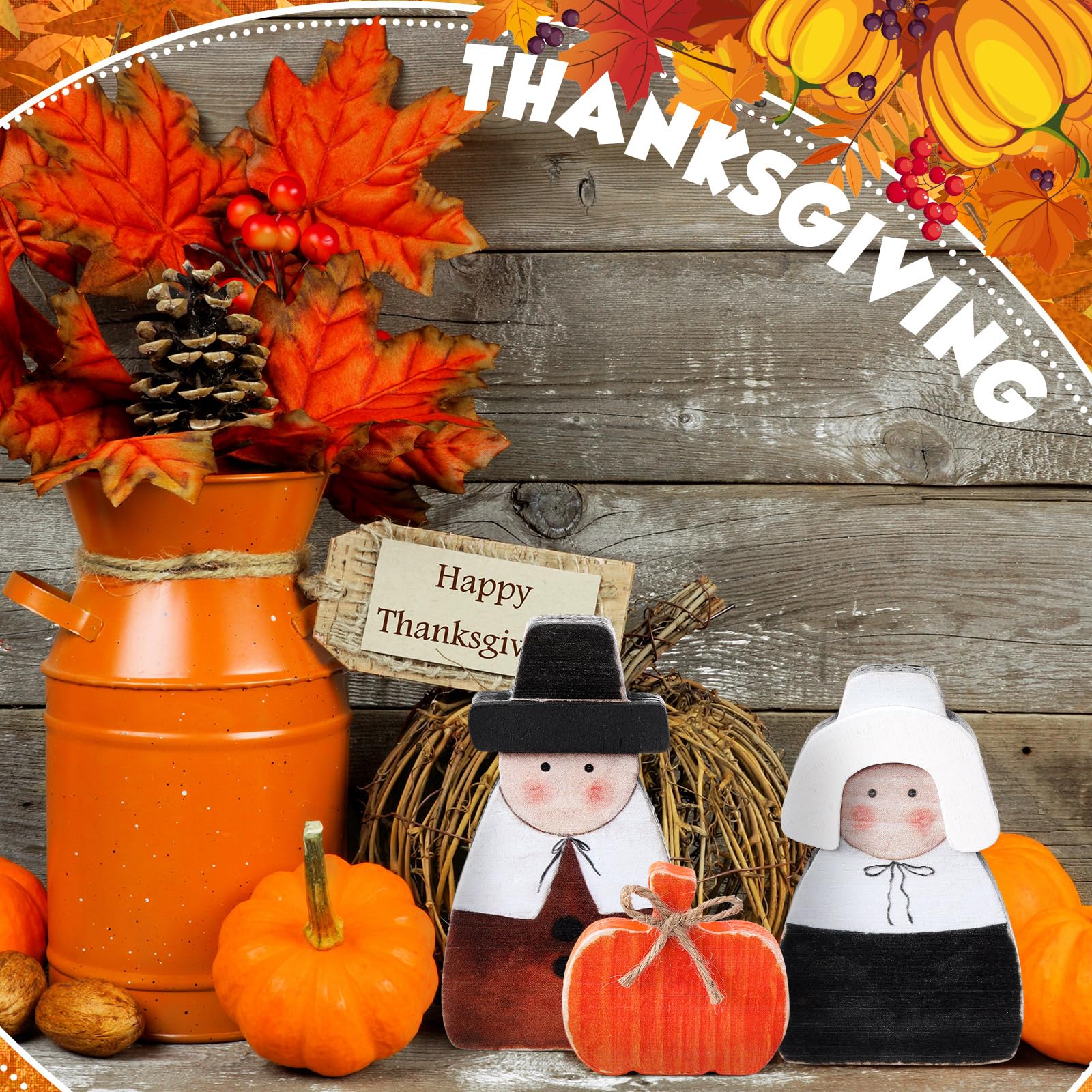 Colingmill 3 Pcs Fall Thanksgiving Decorations Fall Wooden Turkey Pilgrim Couple Table Sign Thanksgiving Standing Tabletop Decor