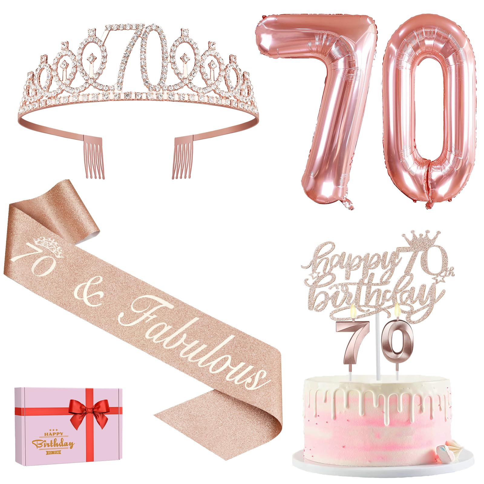 70Th Birthday Decorations For Women, Including 70Th Birthday Sash And Tiara, Birthday Cake Topper And Number 70 Candles, 70 Ball