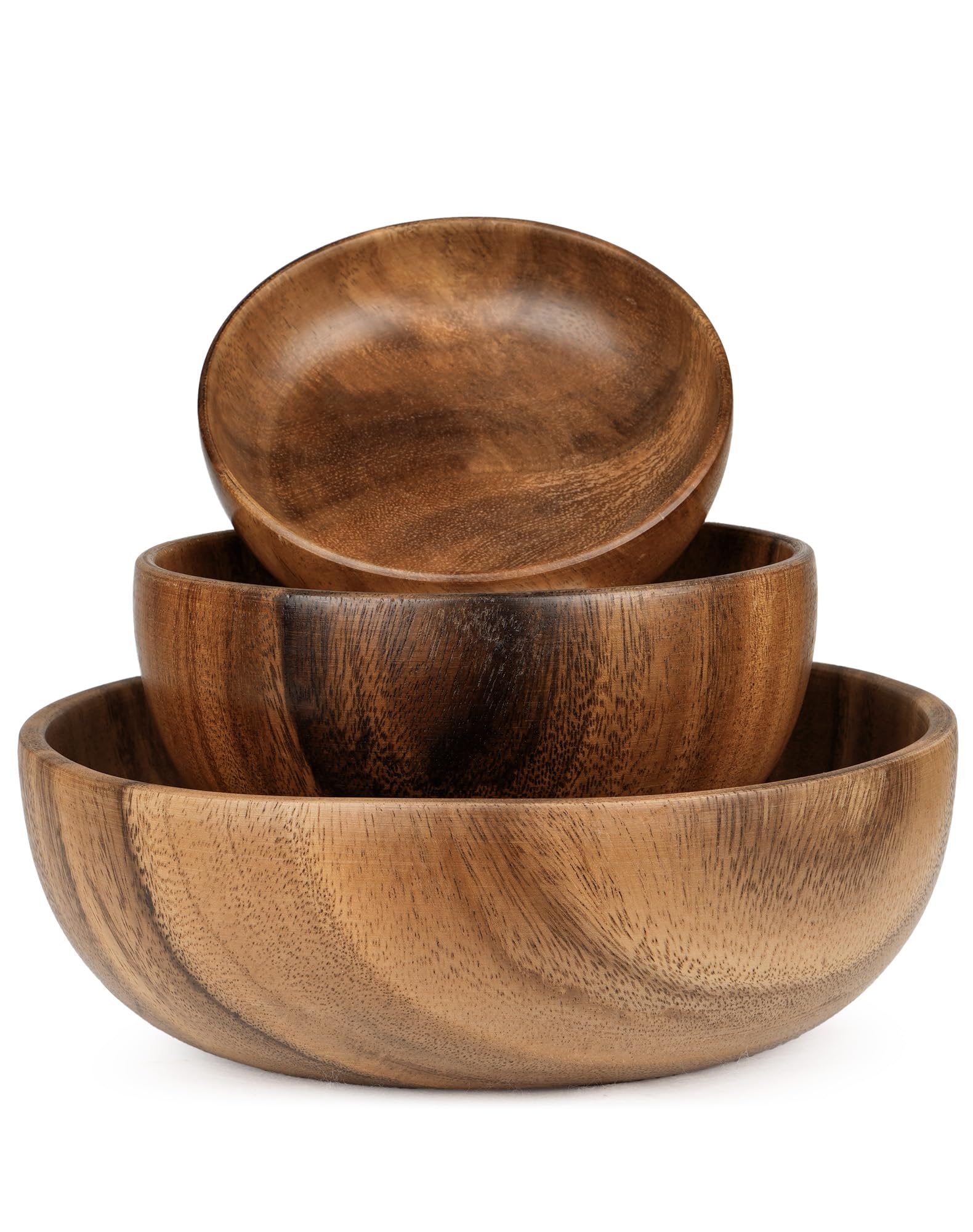 GleeNflux Acacia Wood Salad Bowl Set, 3-Piece Natural Solid Wood Serving Bowls, Handcrafted & Hand-Polished, Wooden Salad Bowls 