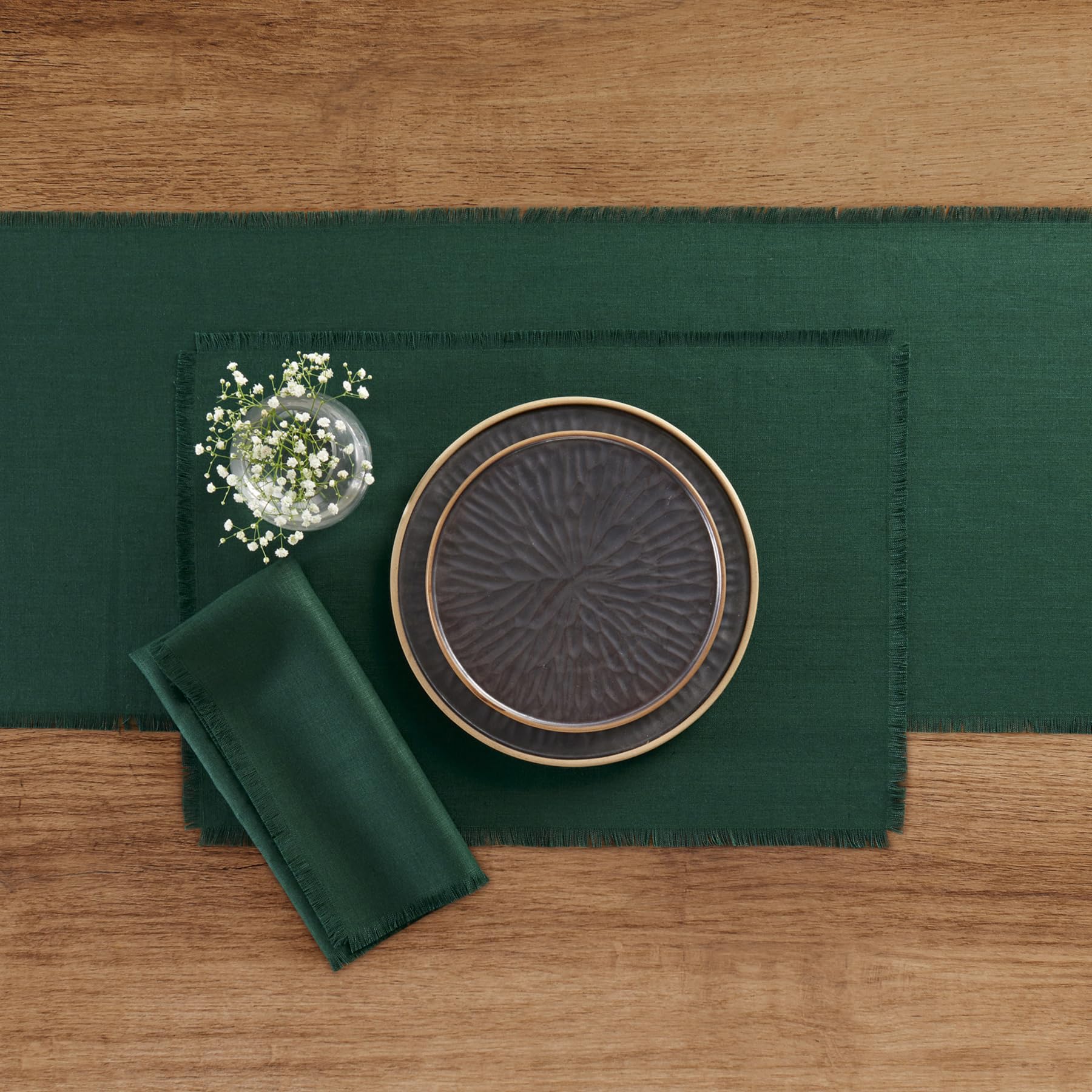 Solino Home Fringe Linen Dinner Napkins 20 X 20 Inch - 100% Pure Linen Evergreen Cloth Napkins Set Of 4 For St Patrick'S Day - H