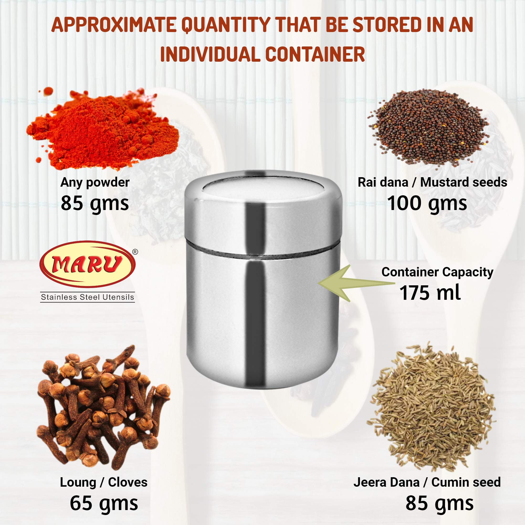 MARU 7-in-1 Indian Spice Box Set, Masala Dabba with Wire Stand, Compact Spice Rack for Kitchen, Perfect for Storing Indian Spice