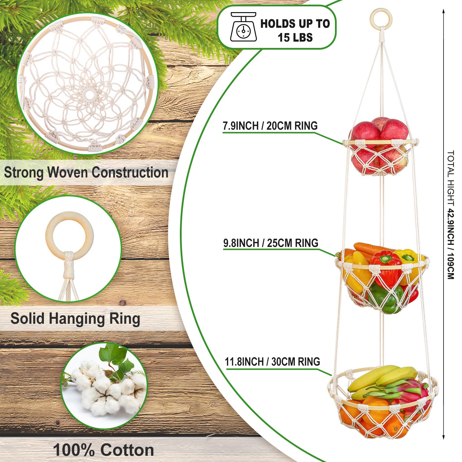 3 Tier Macrame Hanging Fruit Basket, Boho Vegetable Holder For Kitchen Food Storage With Hook, Bohemian Cotton Produce Multi Org