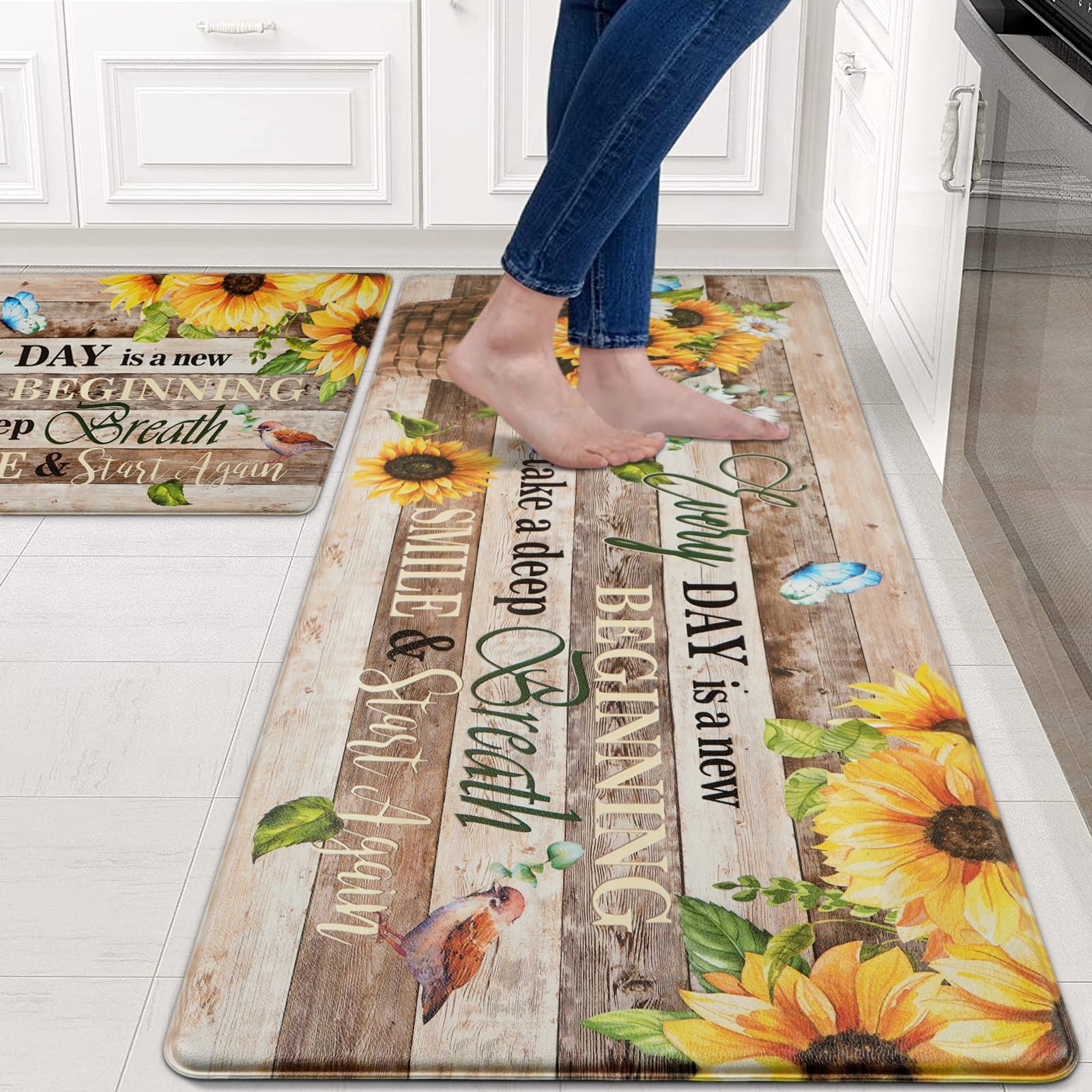 Likiyol Sunflower Kitchen Rugs Set Of 2 Farmhouse Kitchen Mats For Floor Anti Fatigue Mats For Kitchen Floor, Butterfly Floral K
