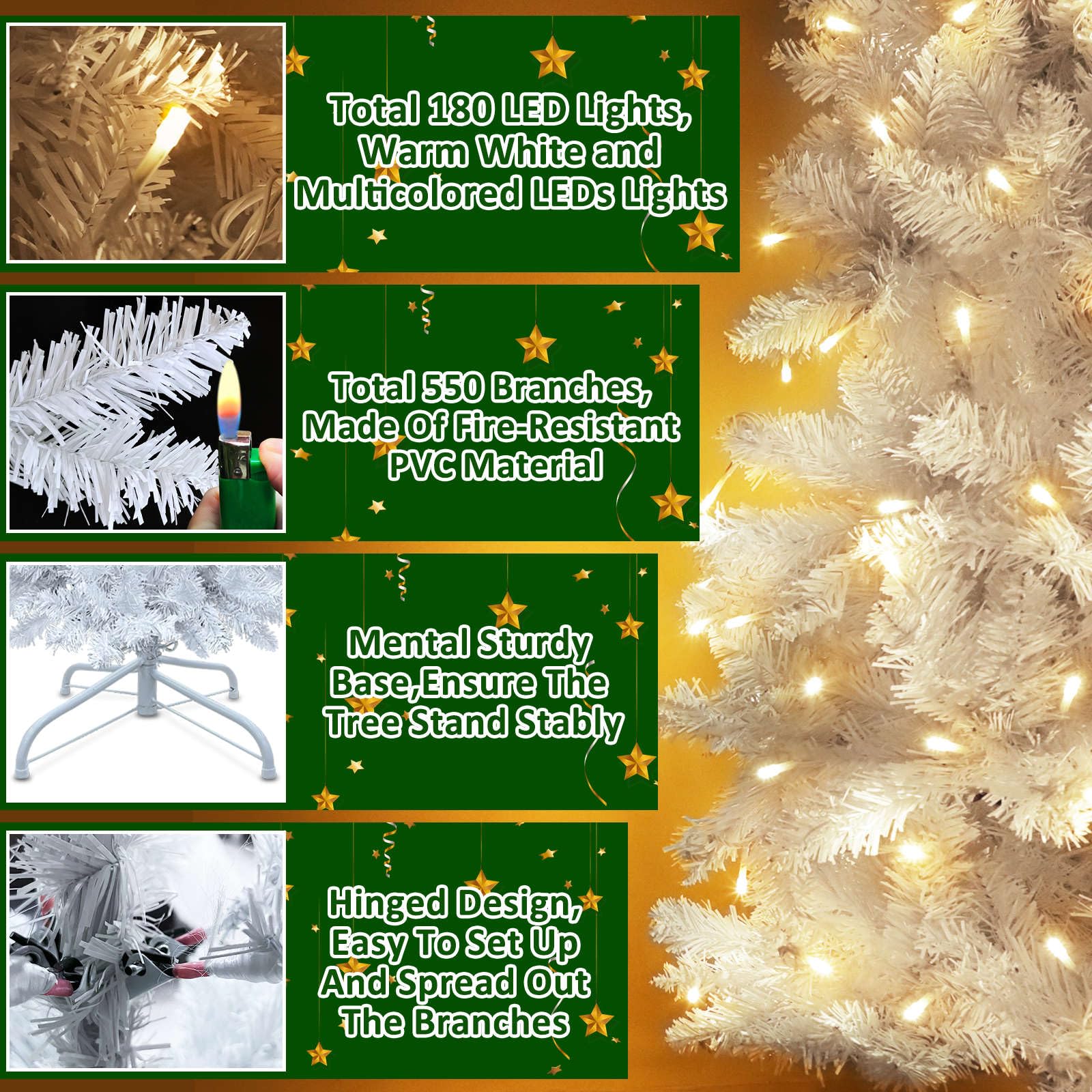 5 Ft Prelit White Pencil Artificial Christmas Tree with Timer 180 LED Warm White & Colorful Change Lights 8 Modes Plug in 550 Br