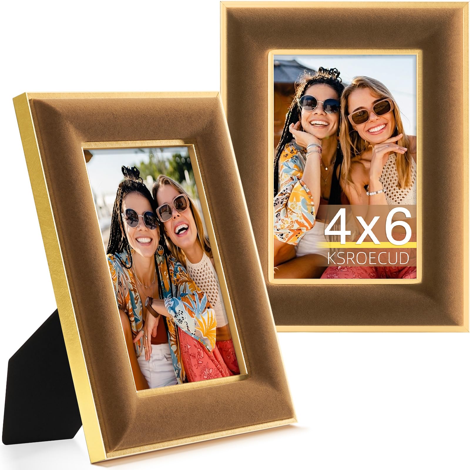 KSROECUD 4x6 Velvet Picture Frame, Brown Photo Frames with Modern Simple Metallic Gold Border, HD Real Glass Horizontal & Vertic