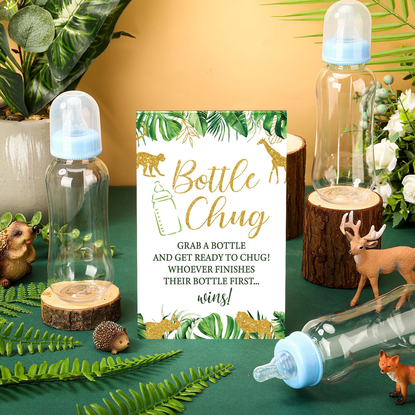 Safari Cool Baby Shower Games Bottle Chug Sign Wooden Jungle Animals Theme Baby Gift Sets Gender Reveal Party Favors And 12 Pcs