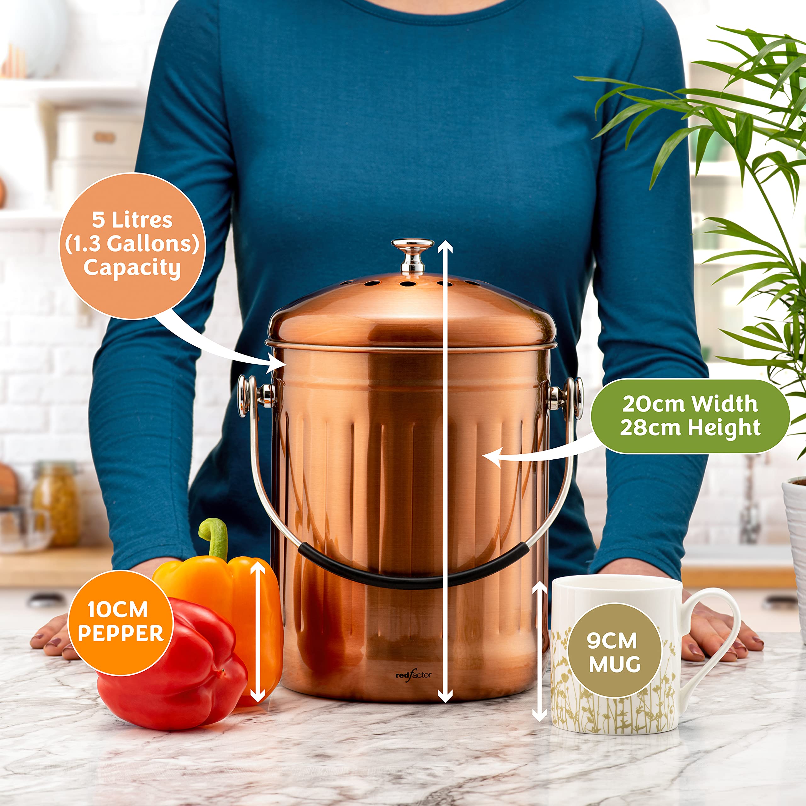 RED FACTOR Premium Compost Bin for Kitchen Countertop - Stainless Steel Food Waste Bucket with Innovative Dual Filter Technology - Includes Spare Filters (Matt Copper  1.3 Gallon)