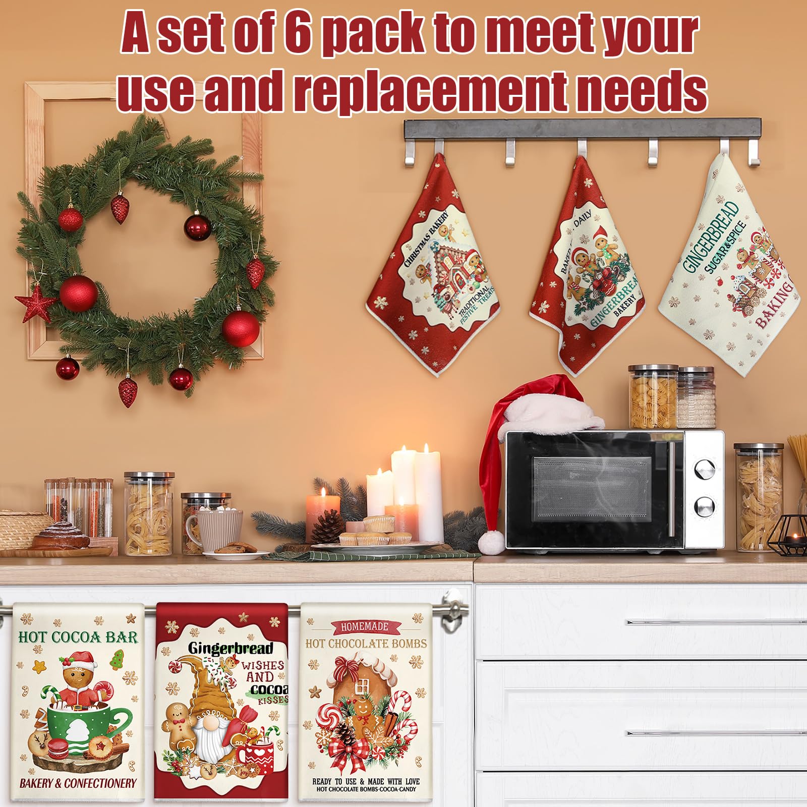 Hosuly 6 Pcs Christmas Kitchen Towels Christmas Gingerbread Man Dish Towel Funny Gingerbread Cookie Tea Towels Xmas Hot Cocoa Gn