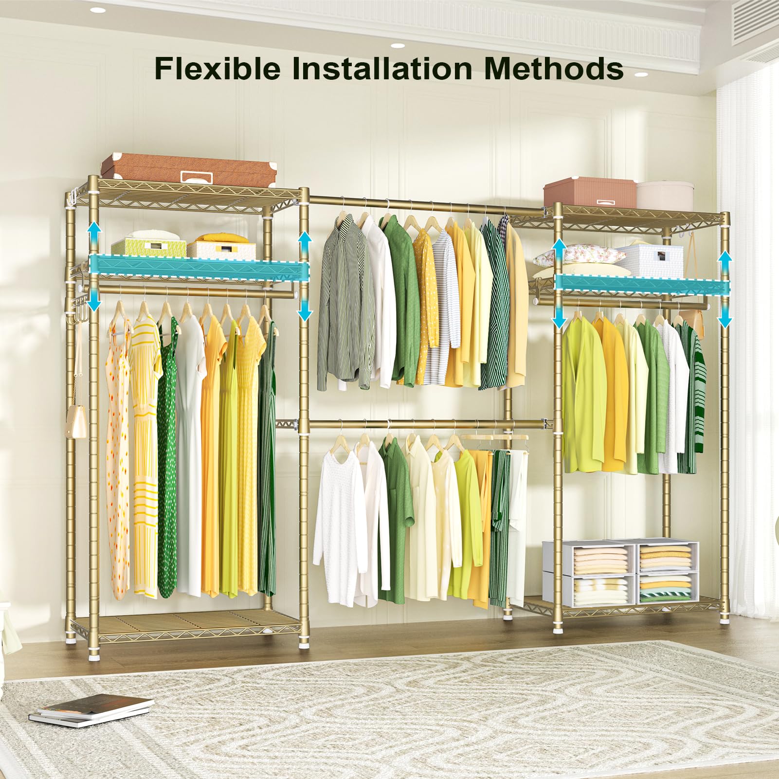 Ulif E1 Heavy Duty Closet Garment Rack, 6 Tiers Adjustable Metal Freestanding Expandable Clothing Storage With 4 Hanger Rods, Ea