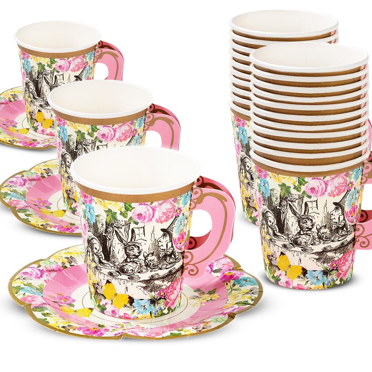 Talking Tables Truly Alice Alice In Wonderland Mad Hatter Party Cup Set With Handle And Saucers In 3 Designs For A Tea Party Or