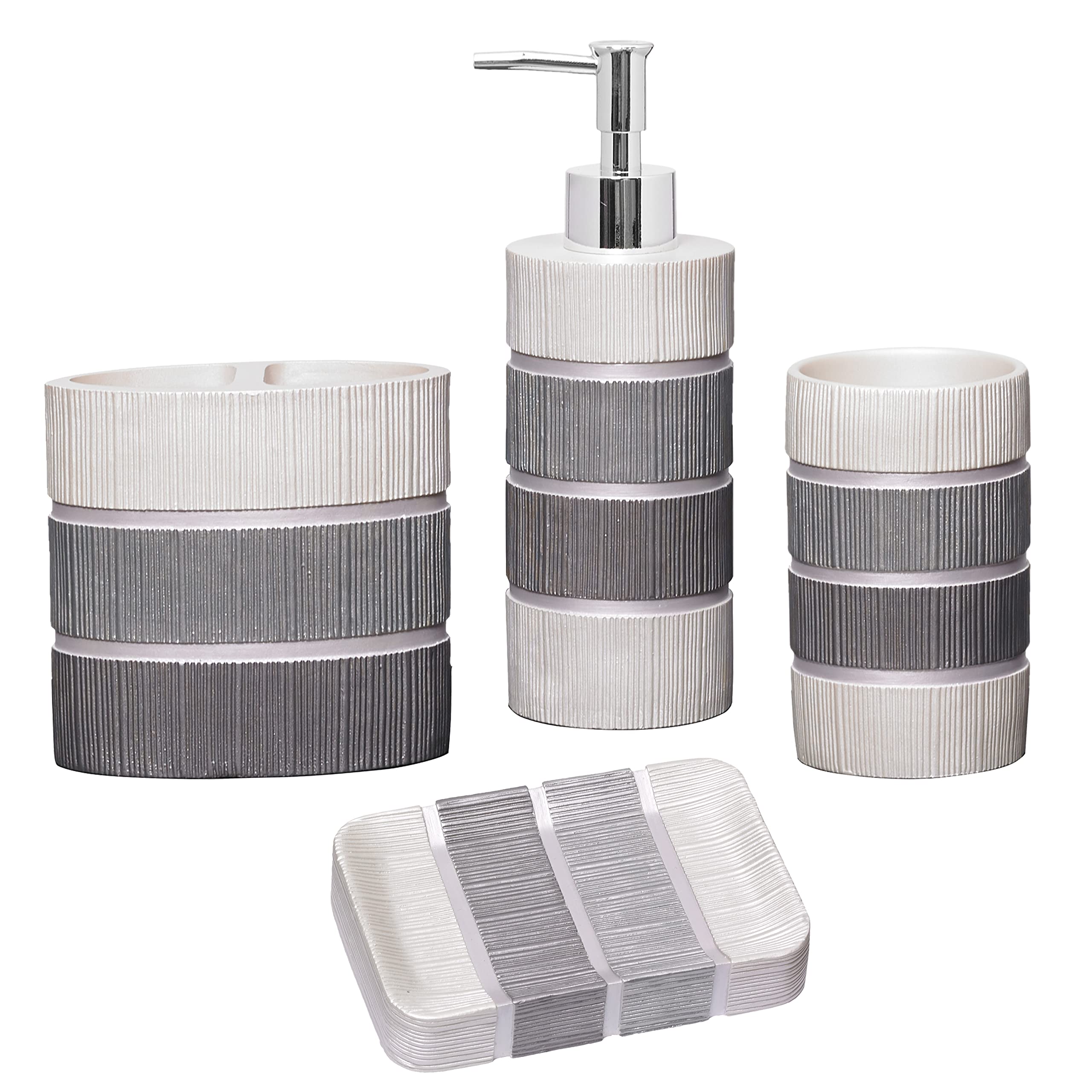 Zahari Home 4pc Modern Line Modern Bathroom Accessories Set Modern Soap Dispenser  Tumbler  Tooth Brush Holder and Dish Soap Holder Luxury Contemporary Grey Decor Unique Design Luxury Bath Set