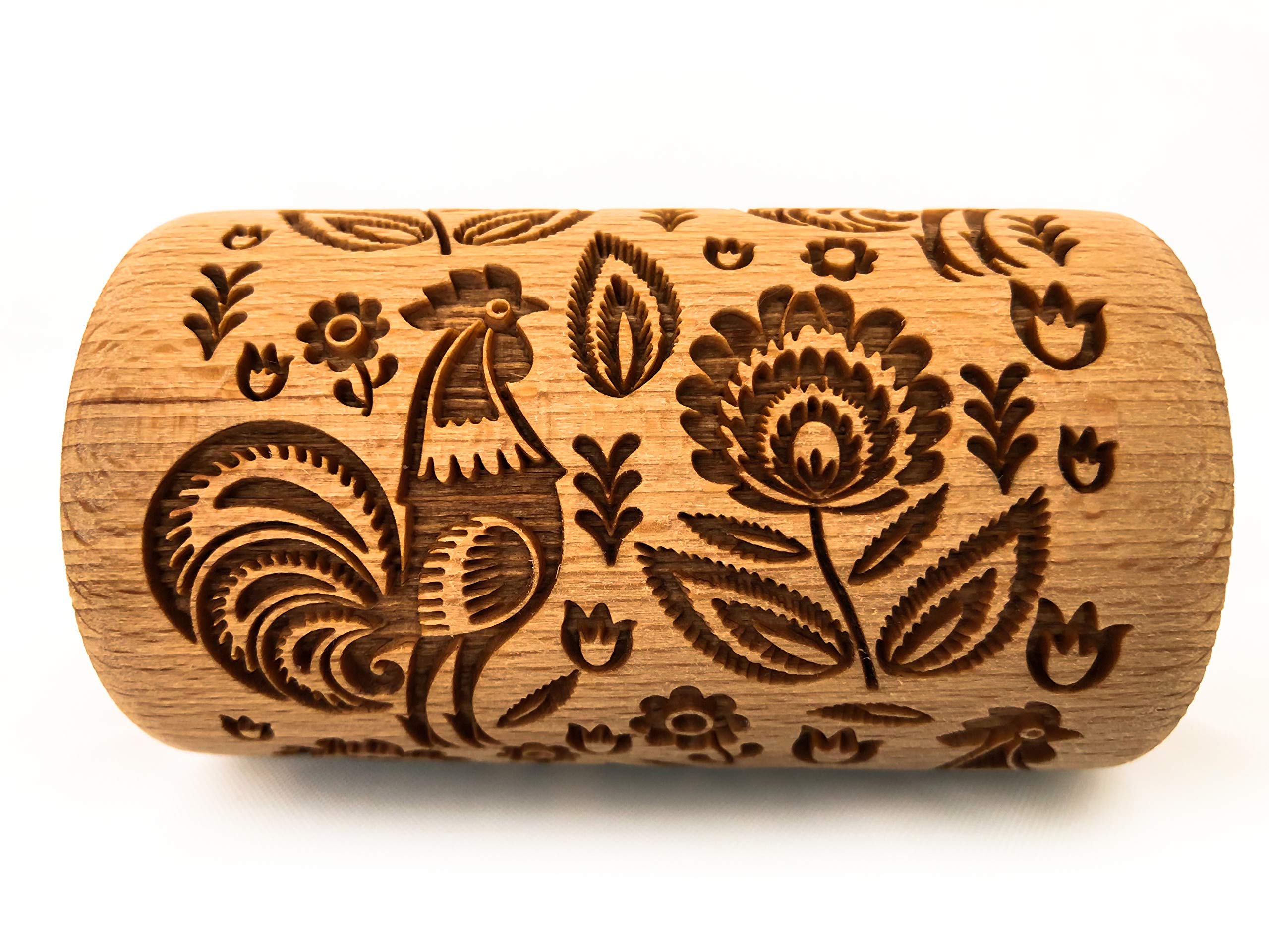 Engraved Mini Rolling Pin With Pattern For Embossed Cookies (Folk Rooster)