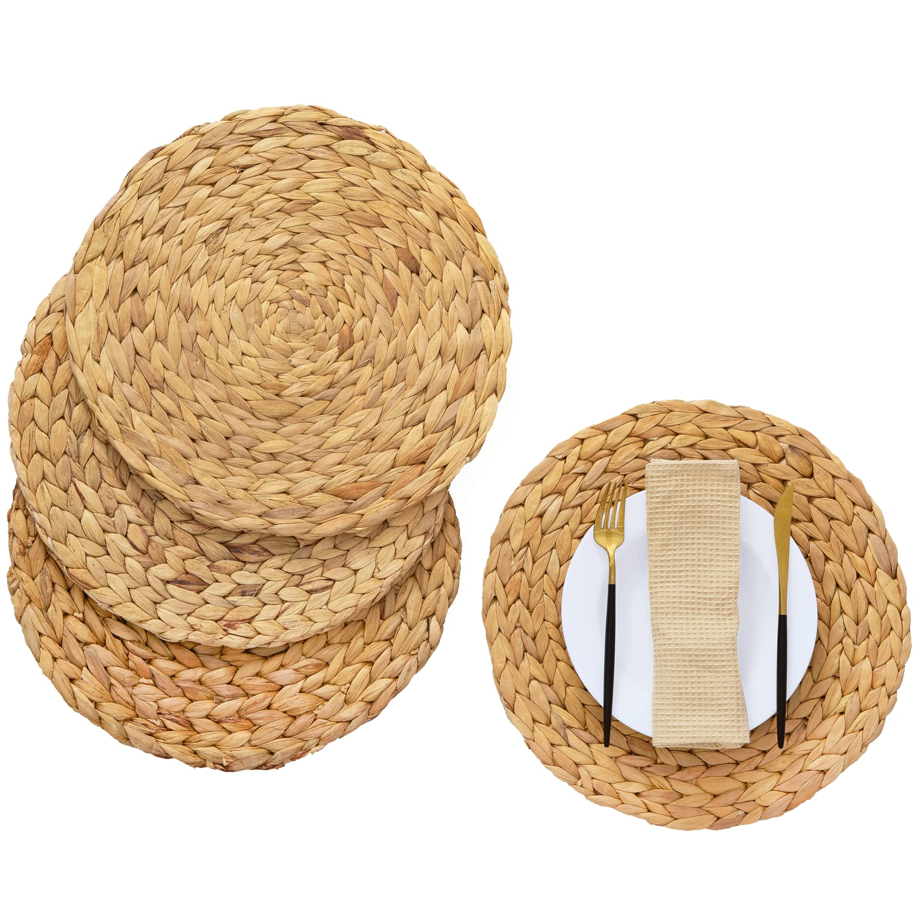 Artera Boho Round Woven Placemats - Set Of 4, Natural Wicker Placemats, Water Hyacinth Straw Braided Placemats, Heat Resistant N