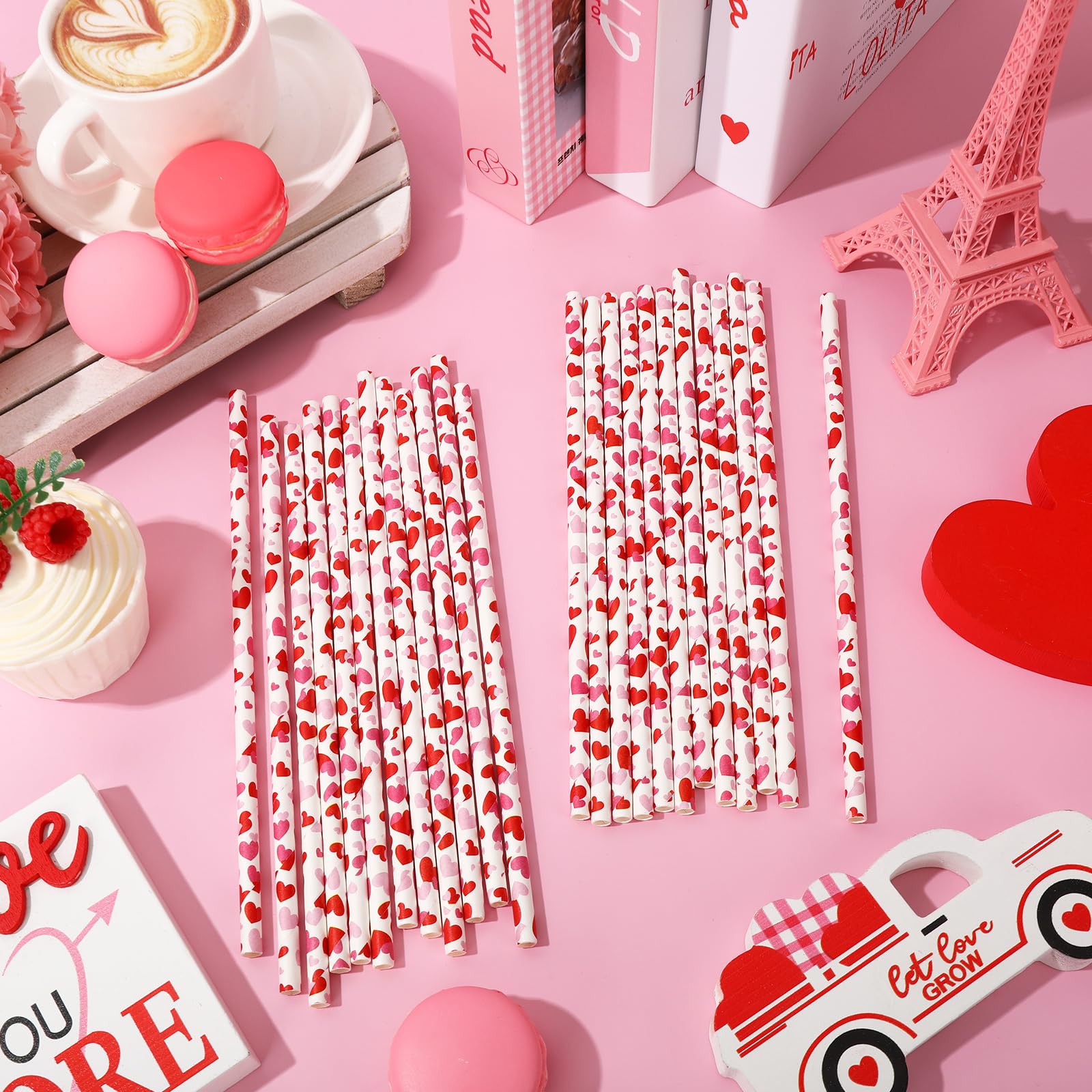 Jarthenaamcs 200Pcs Valentine'S Day Paper Straws Red Pink Love Heart Disposable Drinking Straws For Wedding Birthday Biral Showe