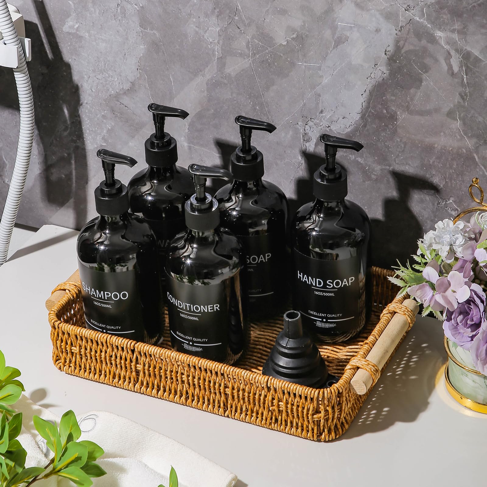 Mithrgrous (5Pack) Black Shower Bottles Refillable With Labels, 16.9Oz Reusable Shampoo And Conditioner Bottles,Shampoo Dispense
