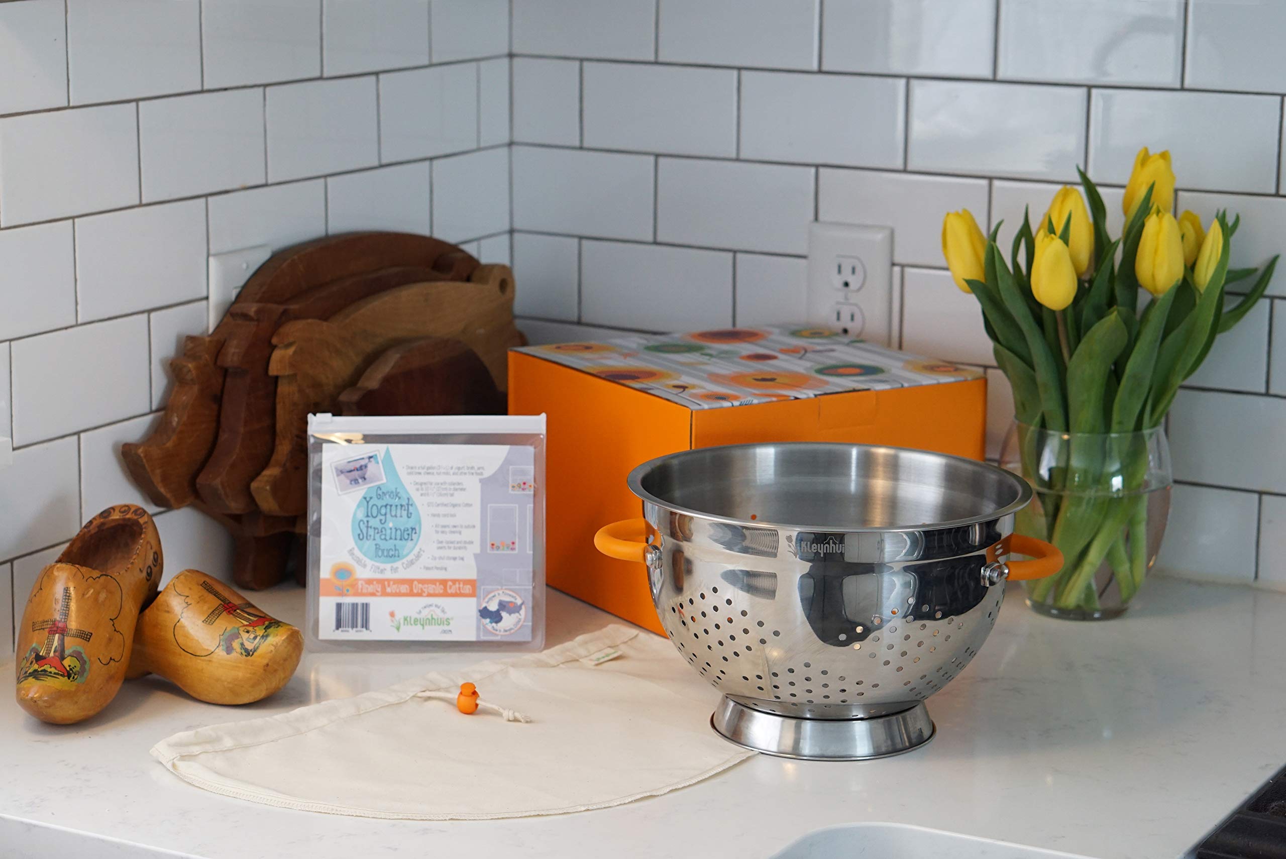 Kleynhuis Greek Yogurt Strainer Set - 5-Quart Stainless Steel Colander & Organic Cotton Pouch for Premium Yogurt Making