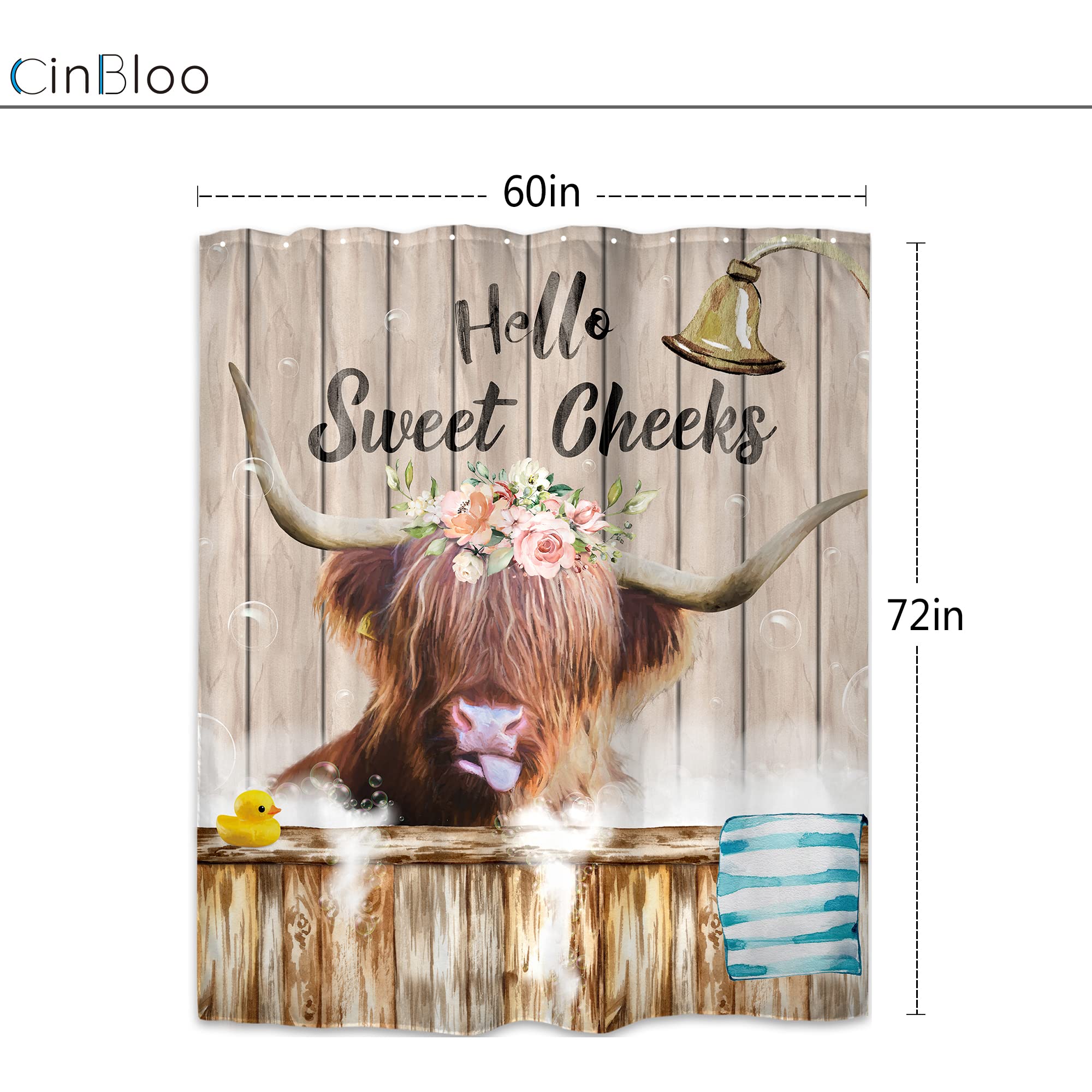 Cinbloo Farmhouse Highland Cow Shower Curtain Country Funny Western Cattle Bull Bathroom Curtain Cute Farm Animal Flower Bath Cu
