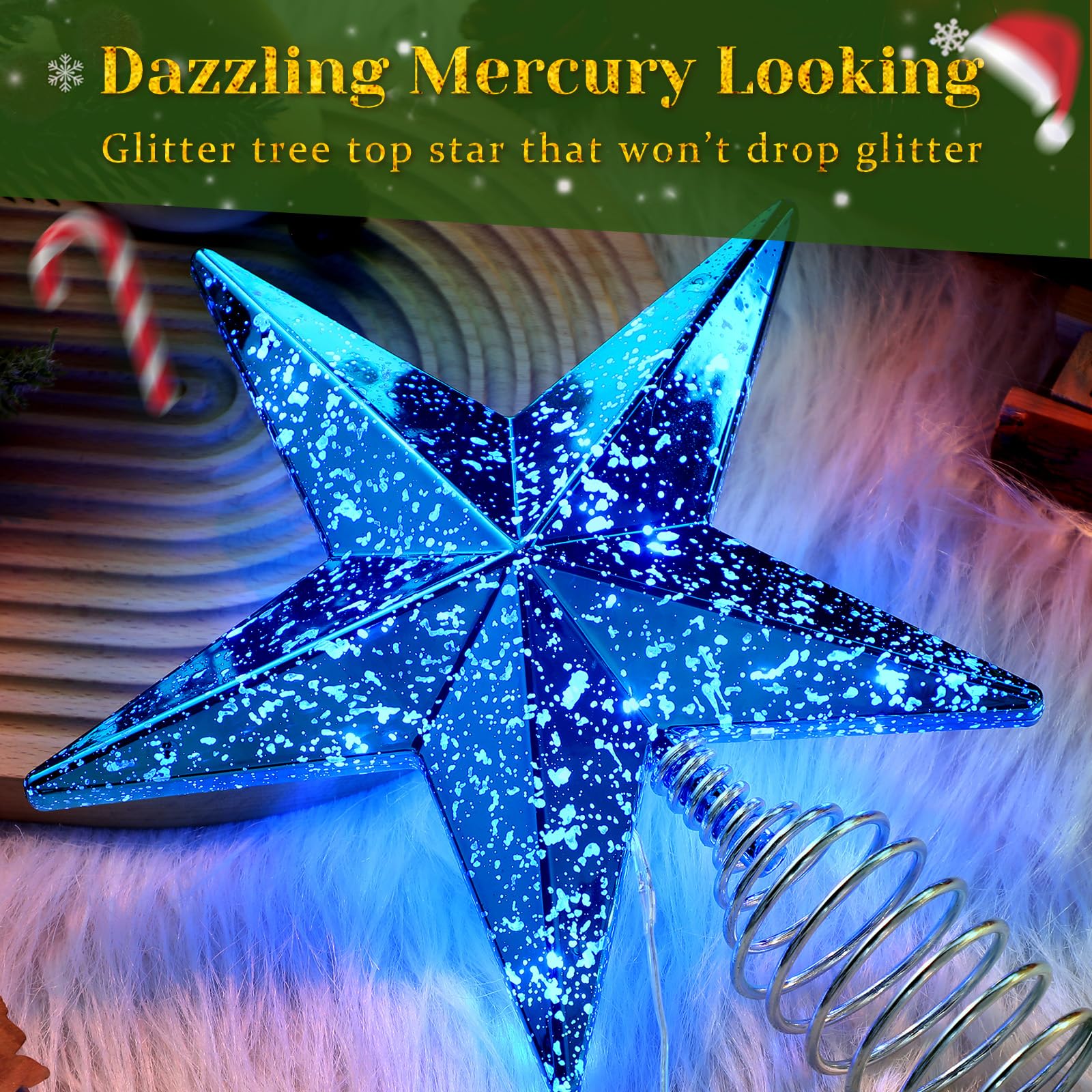 Blue Christmas Tree Star Topper with Lights, 8.5-Inch Light-Up Christmas Tree Topper with Remote Control, 4 Brightness Levels &