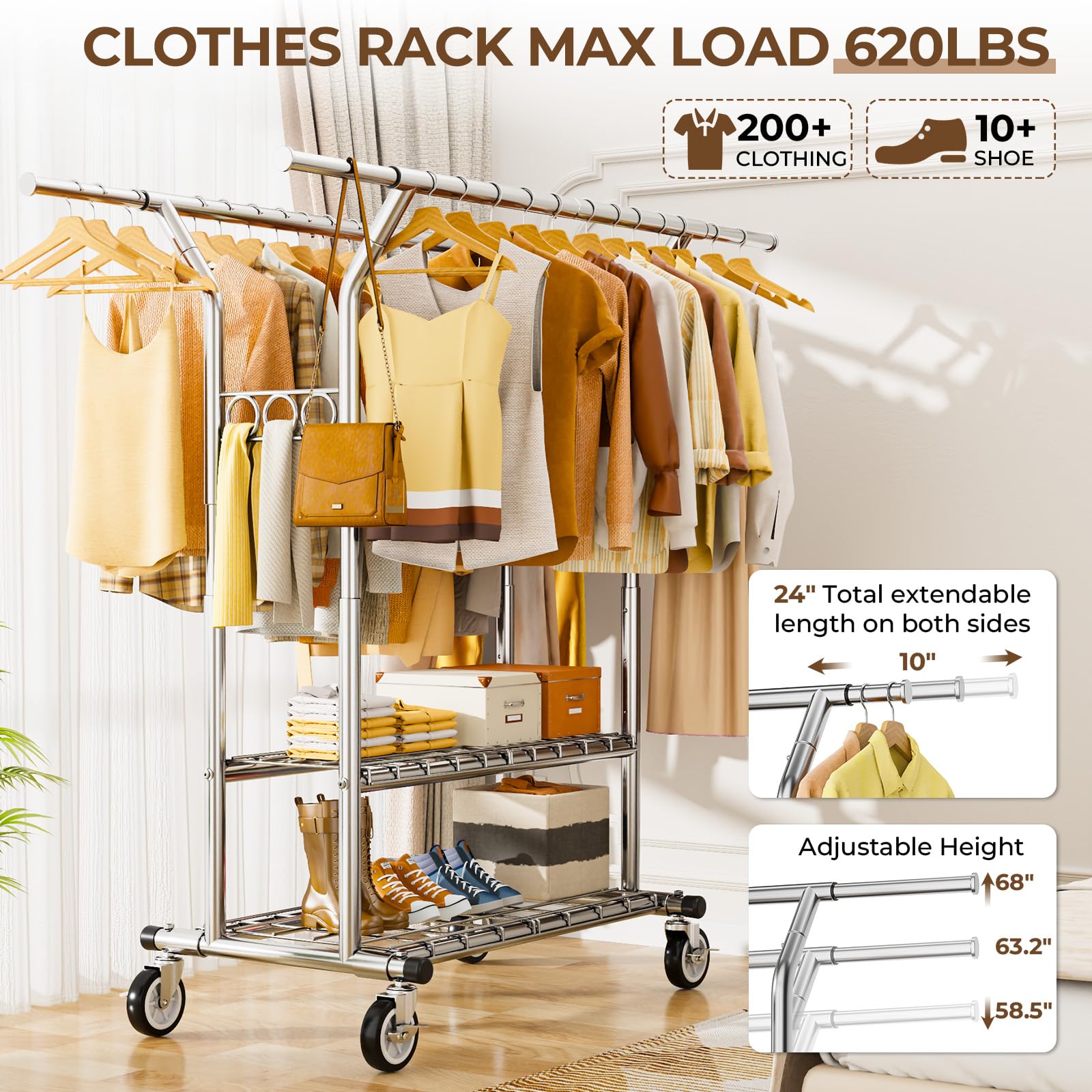 Hyseyy Heavy Duty Clothes Rack, Rolling Clothing Rack With Shelves Load 620 Lbs, Double Rod Clothing Racks For Hanging Clothes,