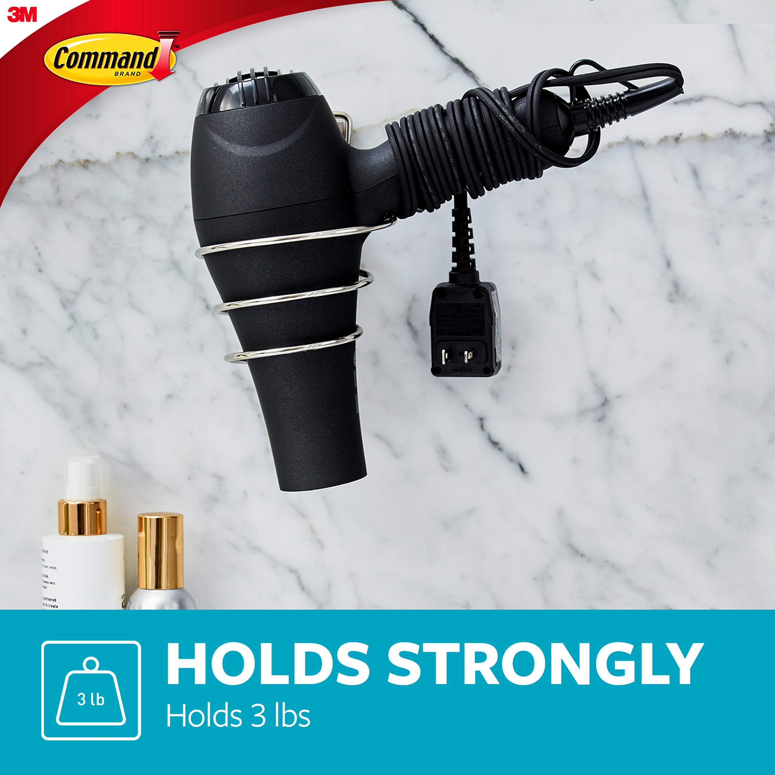 Command Bath Adhesive, 3 Lb Capacity, Bath39-Sn-Es Hair Dryer, Satin Nickel, 1-Holder, 2-Water-Resistant Strips, Organize Damage