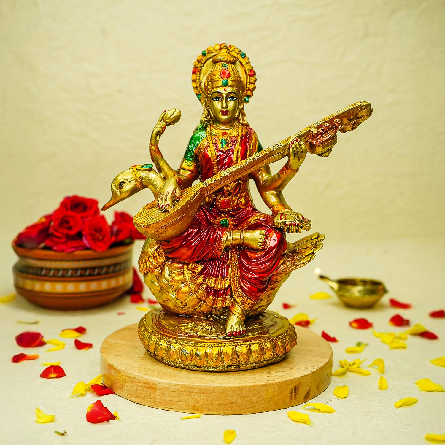 Ekhasa Hand Painted Maa Saraswati Idol (8 Inch) | Gold Marble Dust Saraswati Maa Murti For Study Table, Pooja, Home | Resin Sara