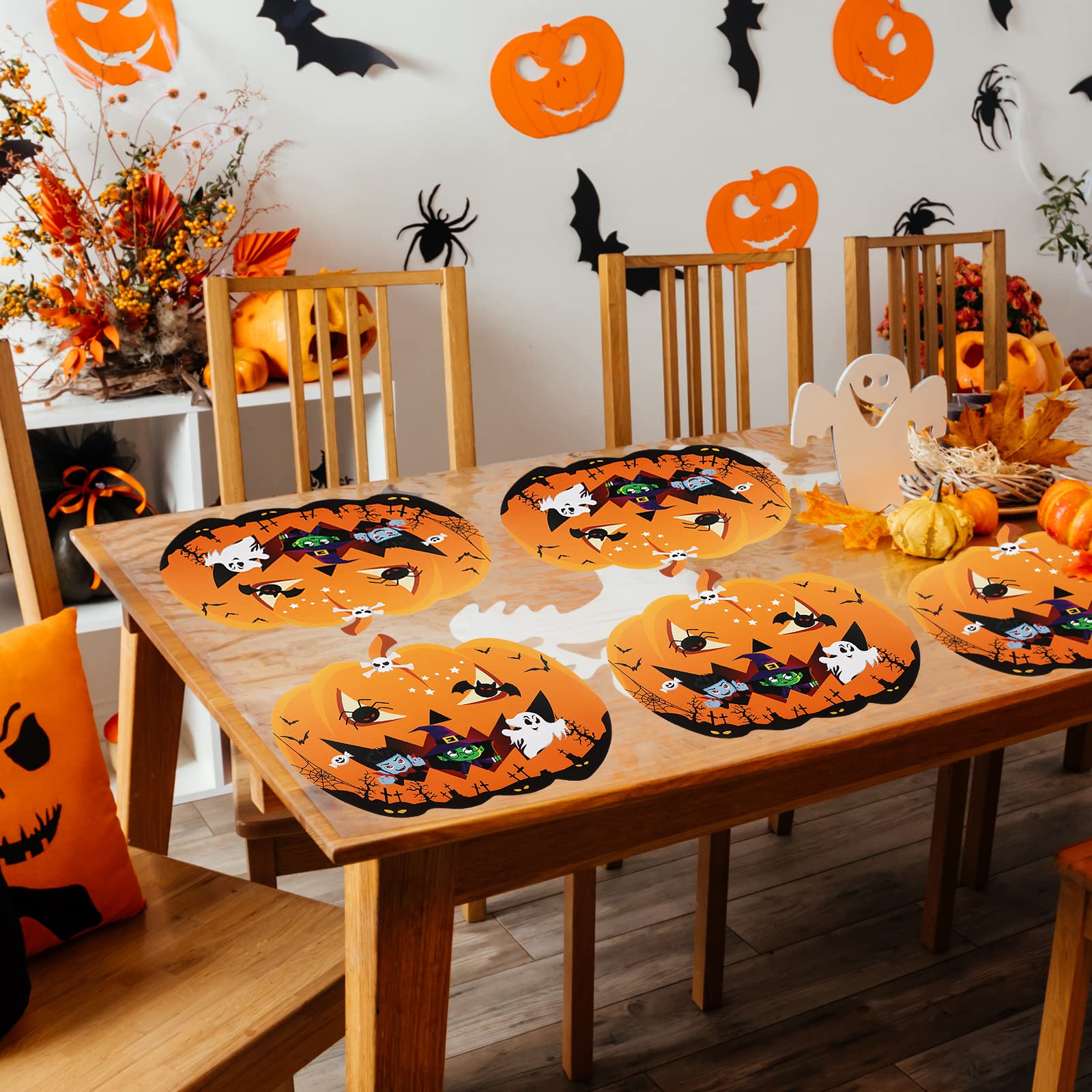 6Pcs Halloween Placemats, Creative Pumpkin Shape Place Mats, Happy Halloween Witch Ghost Vampire Table Mats, Waterproof Pvc Dini