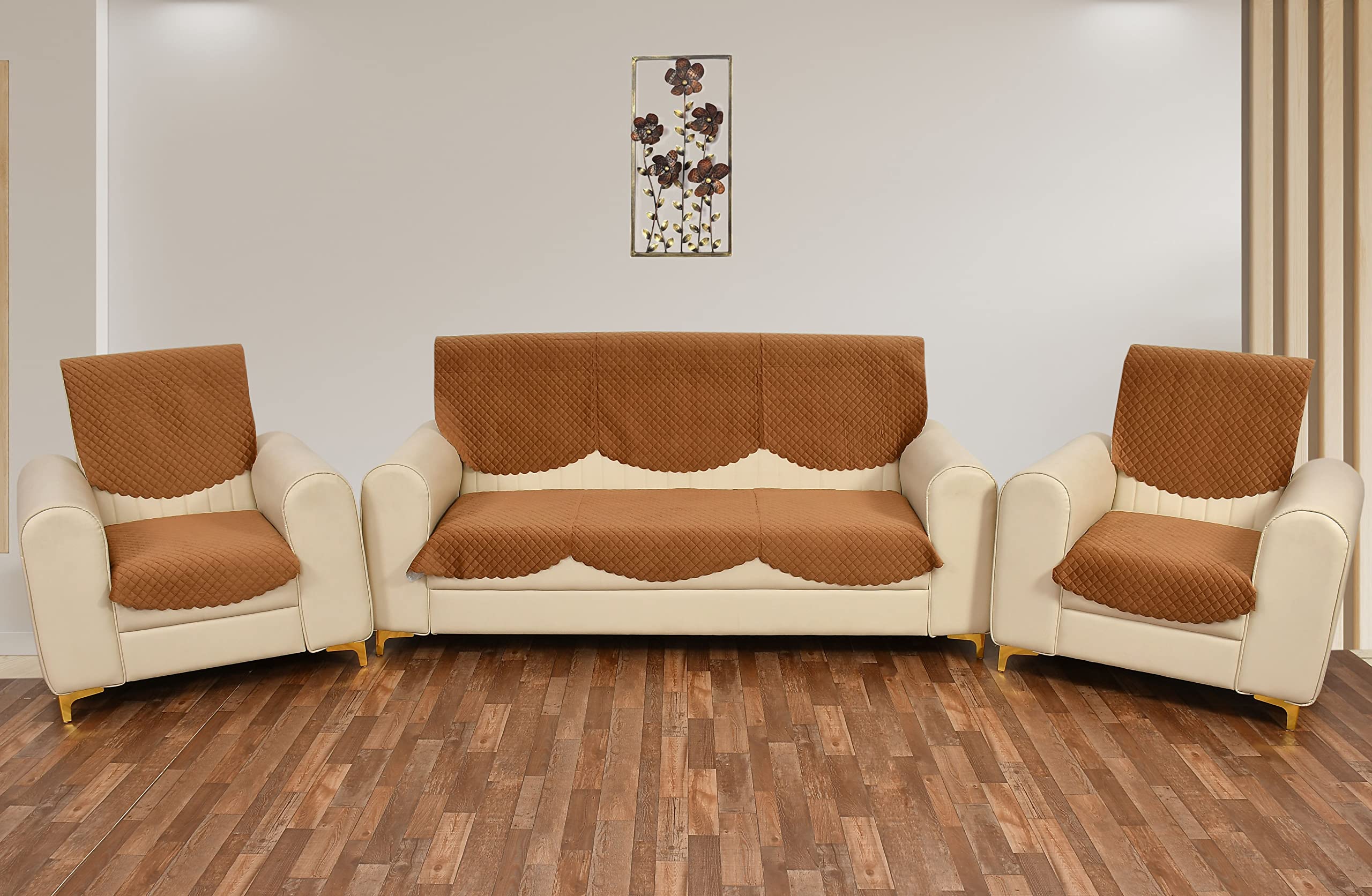 Yellow Weaves 5 Seater Self Design Quilted Sofa Cover And Chair Cover, Seat & Back Cover, Color - Brown - Velvet