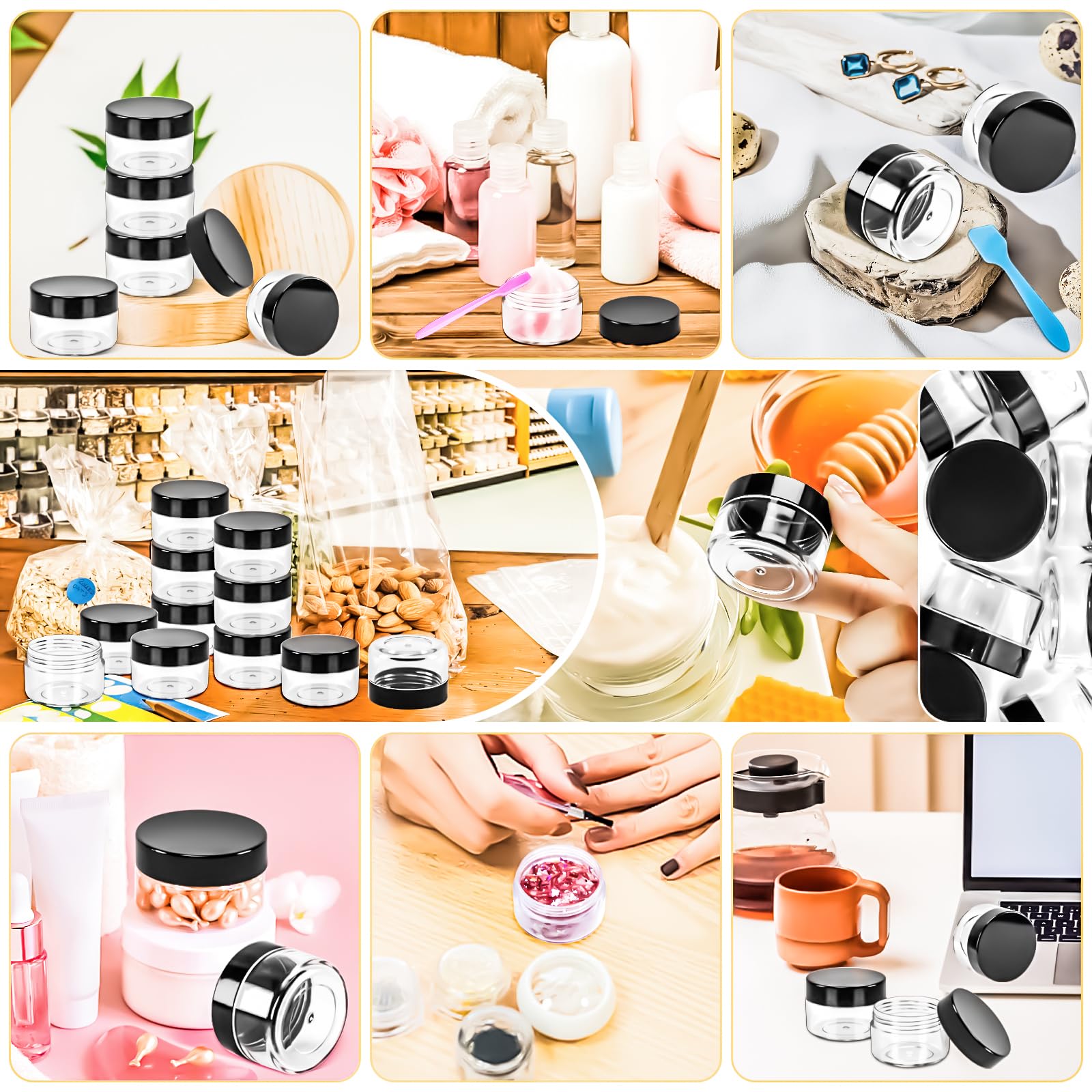 Motbach 40 Pcs 15G Empty Plastic Containers With Black Lids,Small Makeup Sample Containers,0.5Oz Small Sample Pot Jars Round Tra