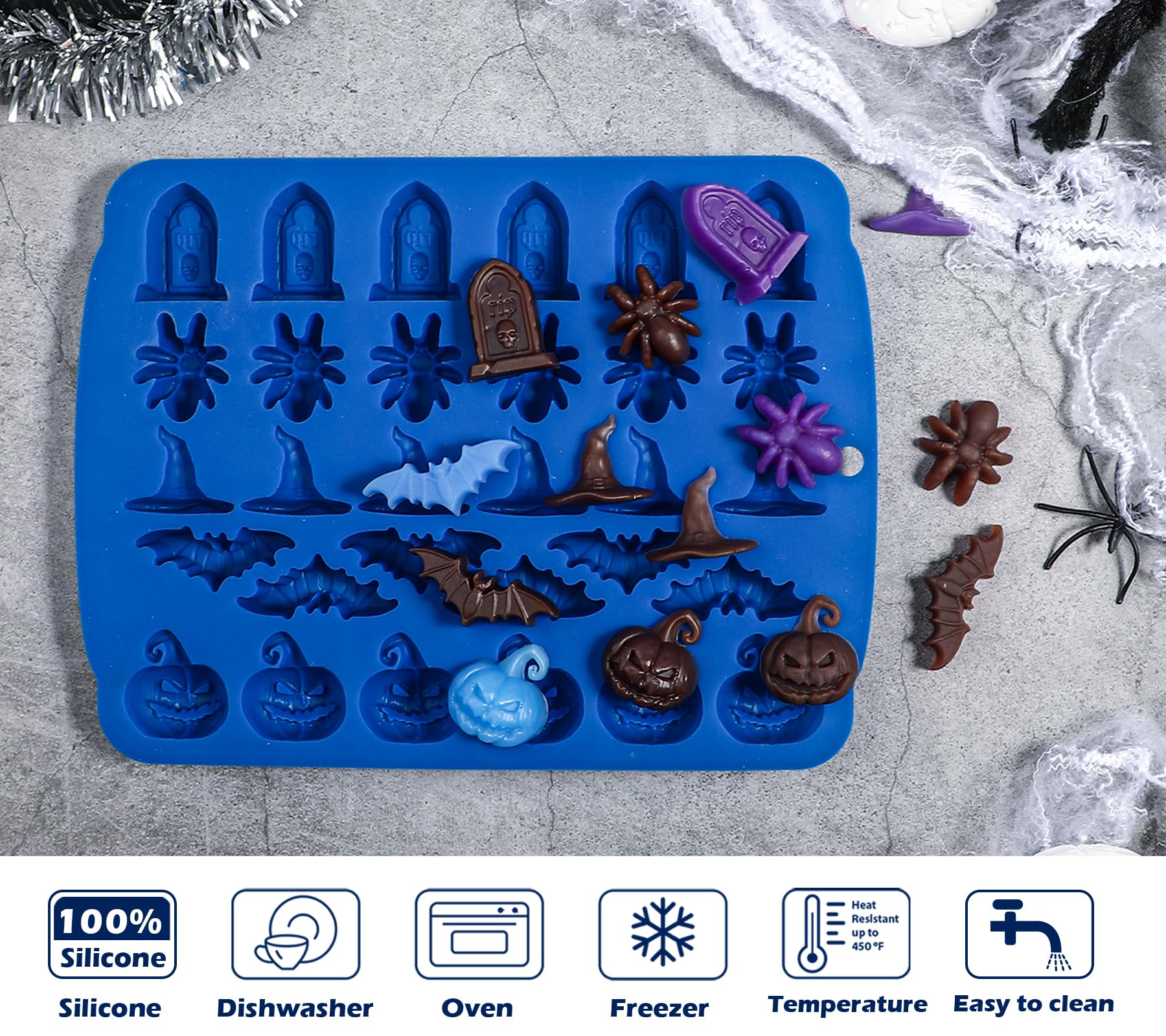 Kamehame Halloween Candy Molds, 2 Pcs 30 Cavity Halloween Chocolate Gummy Silicone Mold, Blue