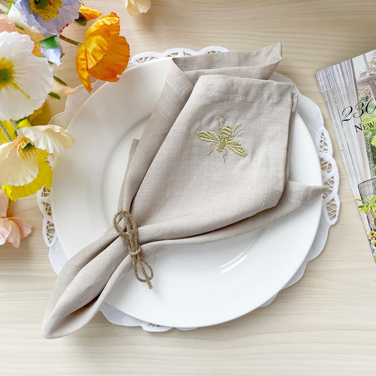 Derf Home 100% Pure Linen Embroidered Napkins Set Of 4-18X18 Inches, Elegant Table Linens For Dining, Soft & Durable, Machine Wa