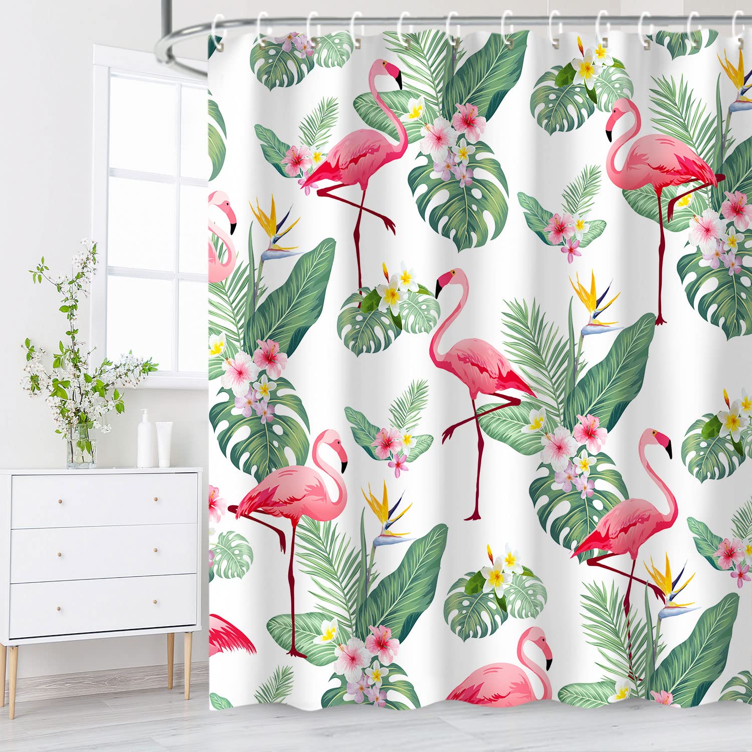 Livilan Flamingo Shower Curtain For Bathroom Palm Leaf Shower Curtain Tropical Shower Curtain Set With Hooks Tropical Bathroom D