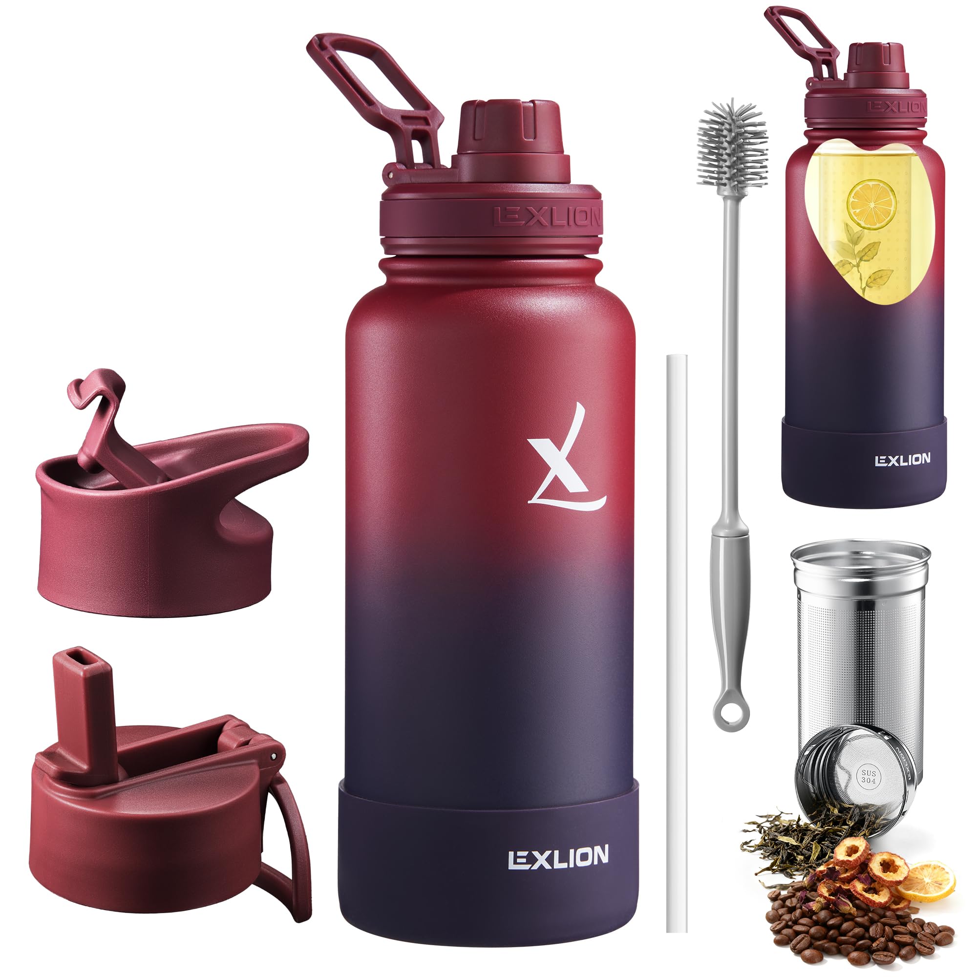 Lexlion Tea Infuser Water Bottle 32 Oz  Triple Wall Insulated Stainless Steel, Loose Leaf & Fruit Strainer, 3 Leakproof Lids, B