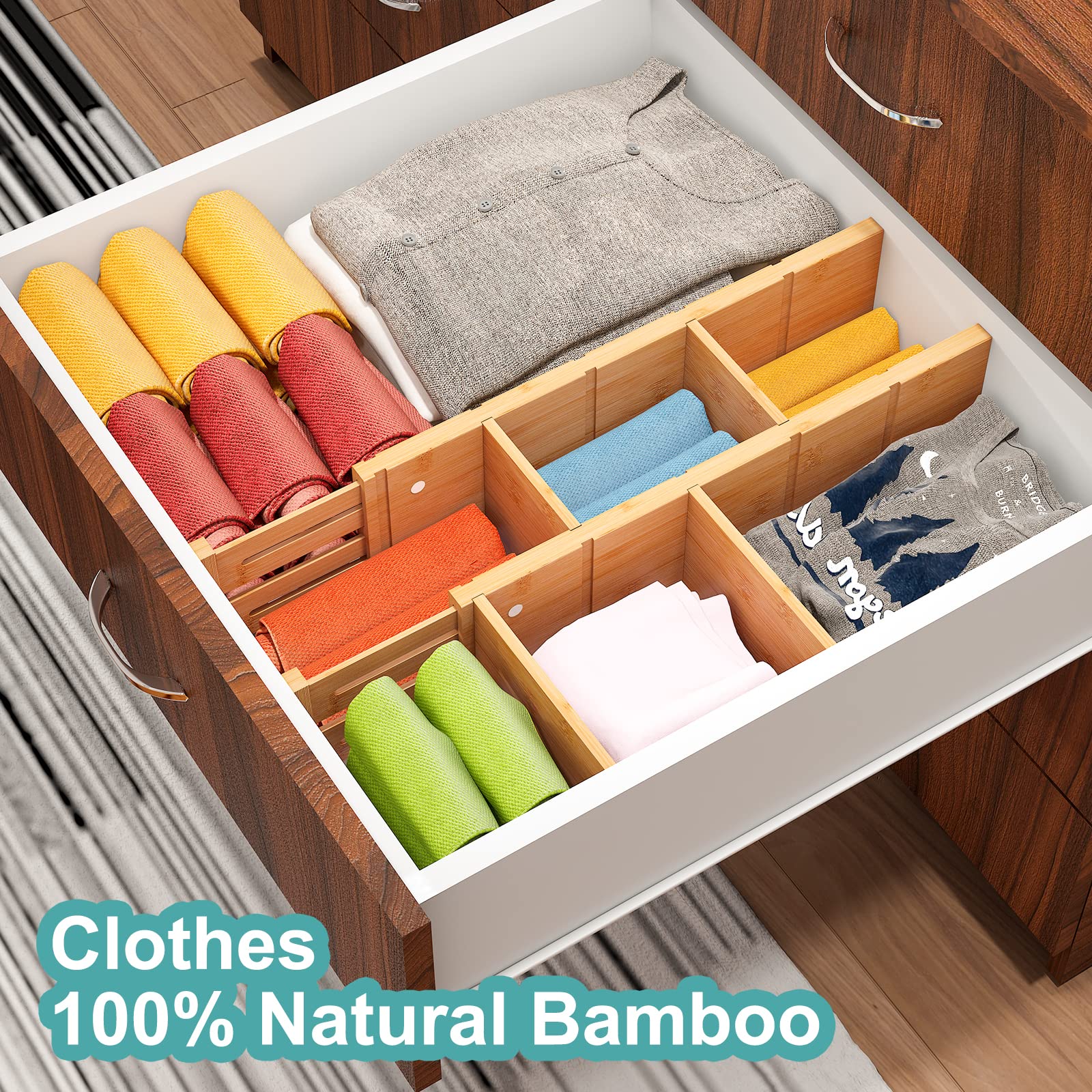 Vriccc 4.4'' High Bamboo Drawer Dividers with Inserts, Kitchen Adjustable Drawer Organizers, Expandable Organization for Home, O