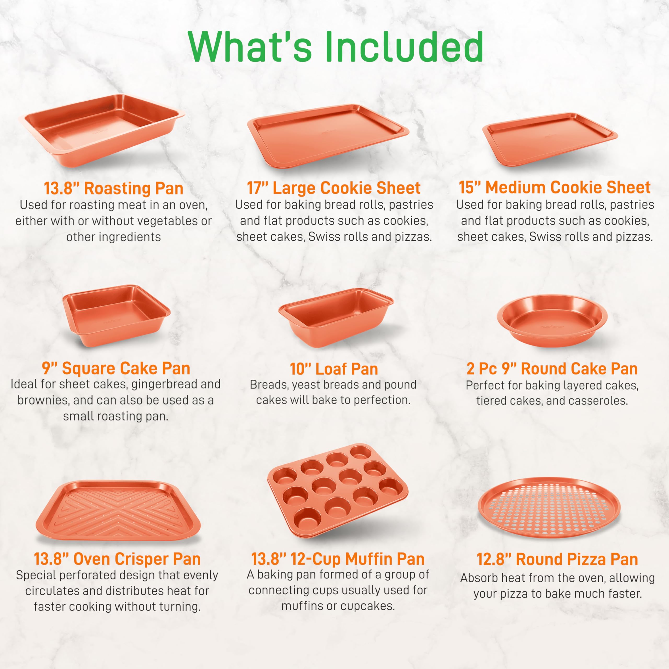 Nutrichef 10-Piece Nonstick Oven Baking Pan Set - Premium Carbon Steel Bakeware W/Cookie Sheets, Loaf & Cupcake Pans, Perforated