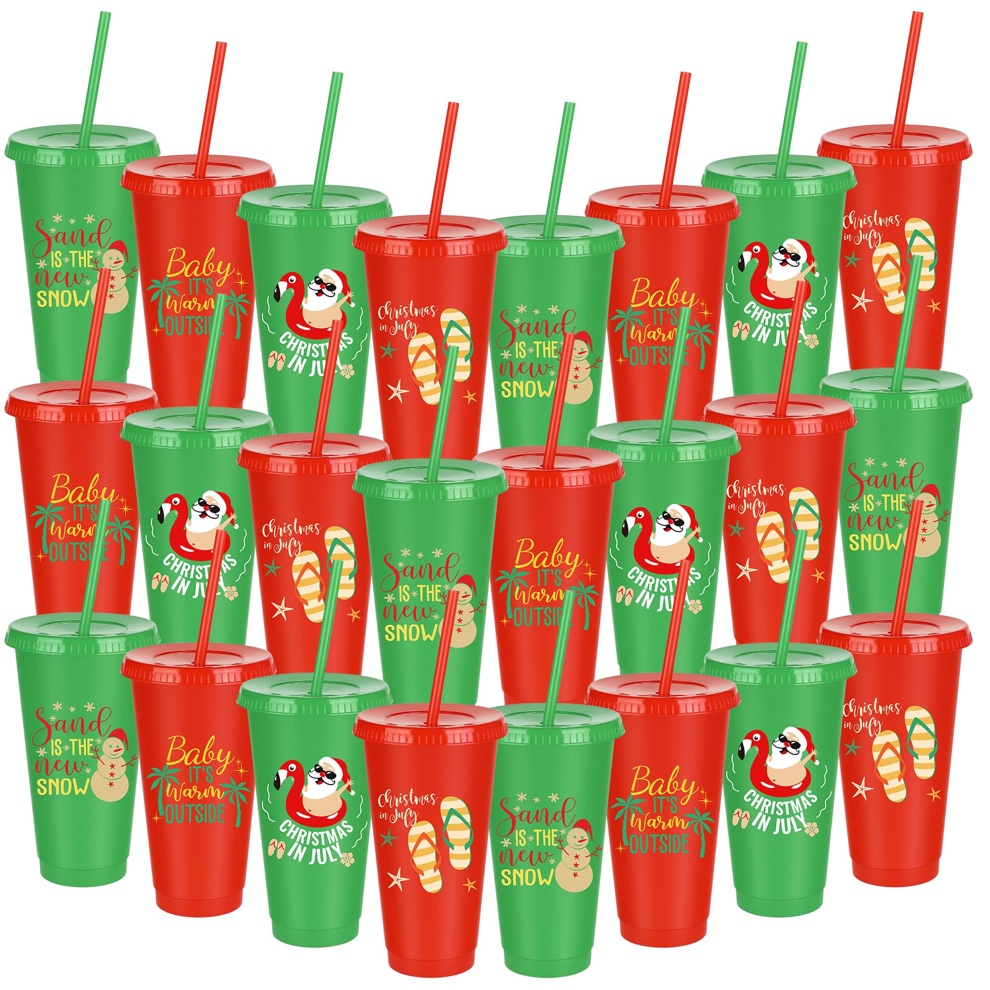 Kochorie 24 Pcs Christmas in July Plastic Cups 24 Oz Reusable Summer Christmas Party Cups with Lids and Straws Thick Plastic Tum