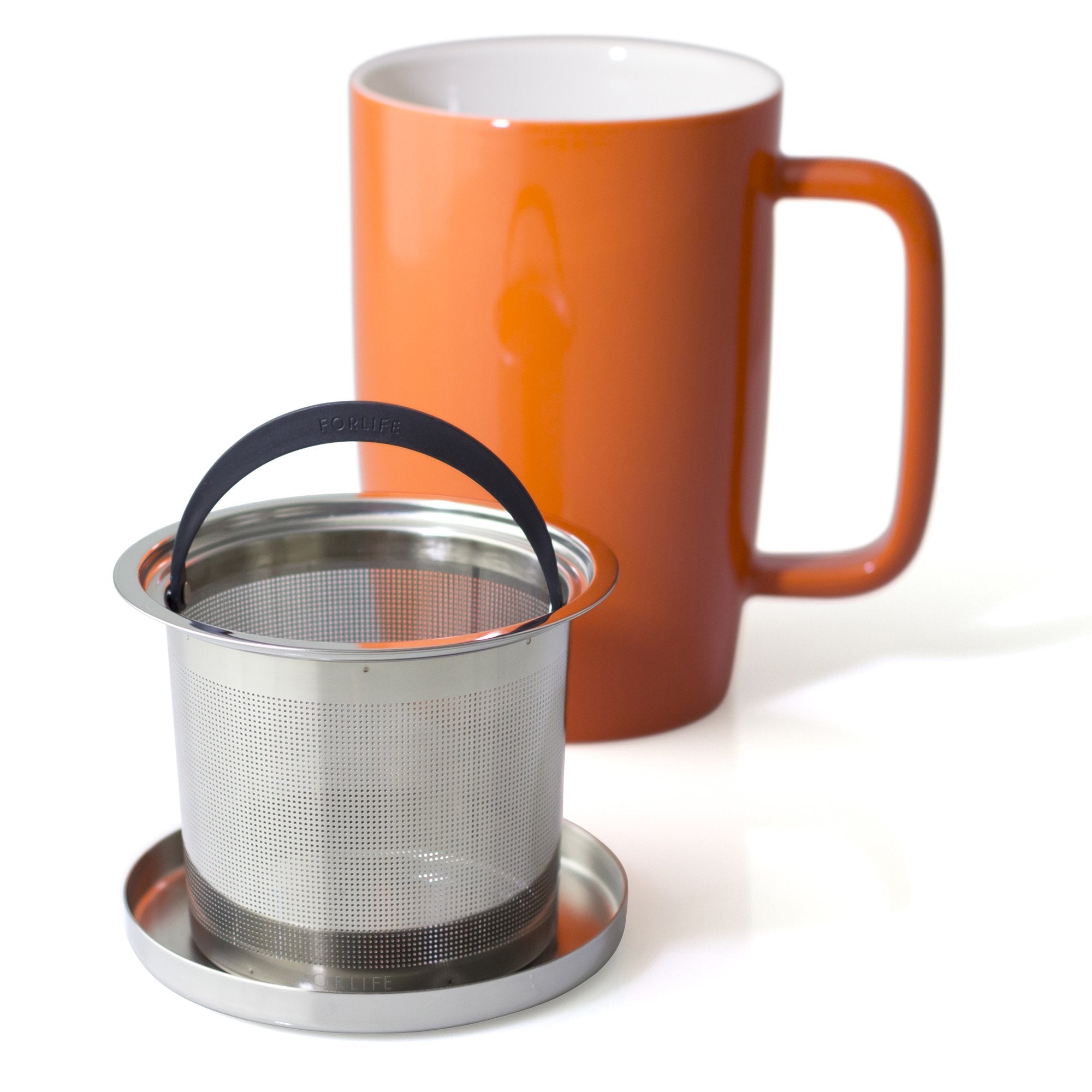 Forlife Dew Glossy Finish Brew-In-Mug With Basket Infuser & ''Mirror'' Stainless Lid 18 Oz., Carrot