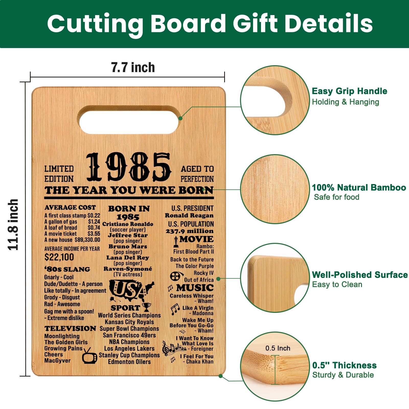 40th Birthday Gifts for Women Men, 1985 Cutting Board 40th Birthday Gifts for Her Him, Happy Birthday 40 Years Old Gifts 40th Bi