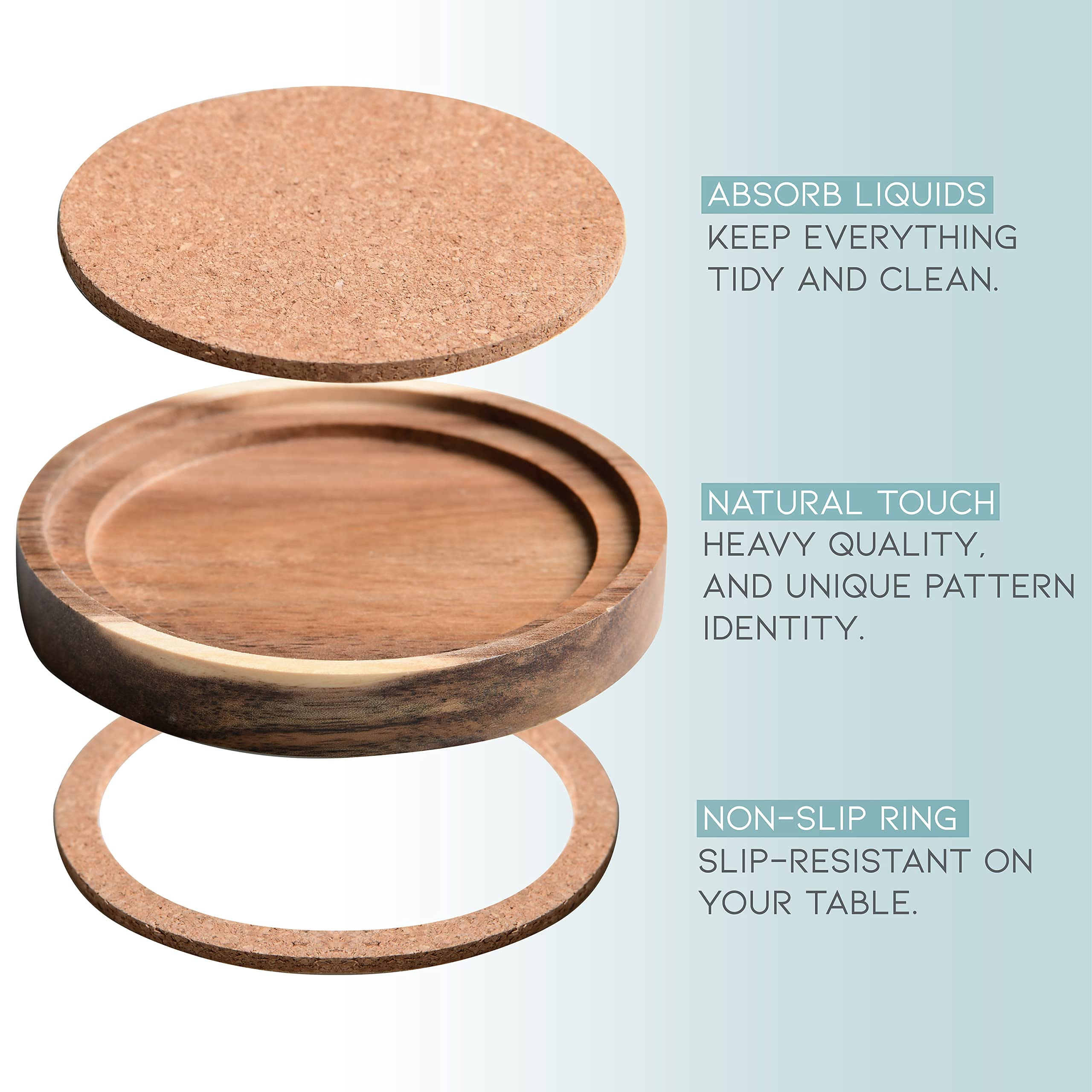 Acacia Wood Coasters for Drinks  4.13 Inch  Set of 6  Absorbent and Insulation Cork Stackable Cup Holders  Rustic Coasters for Wooden Table  Designed by S1EGAN